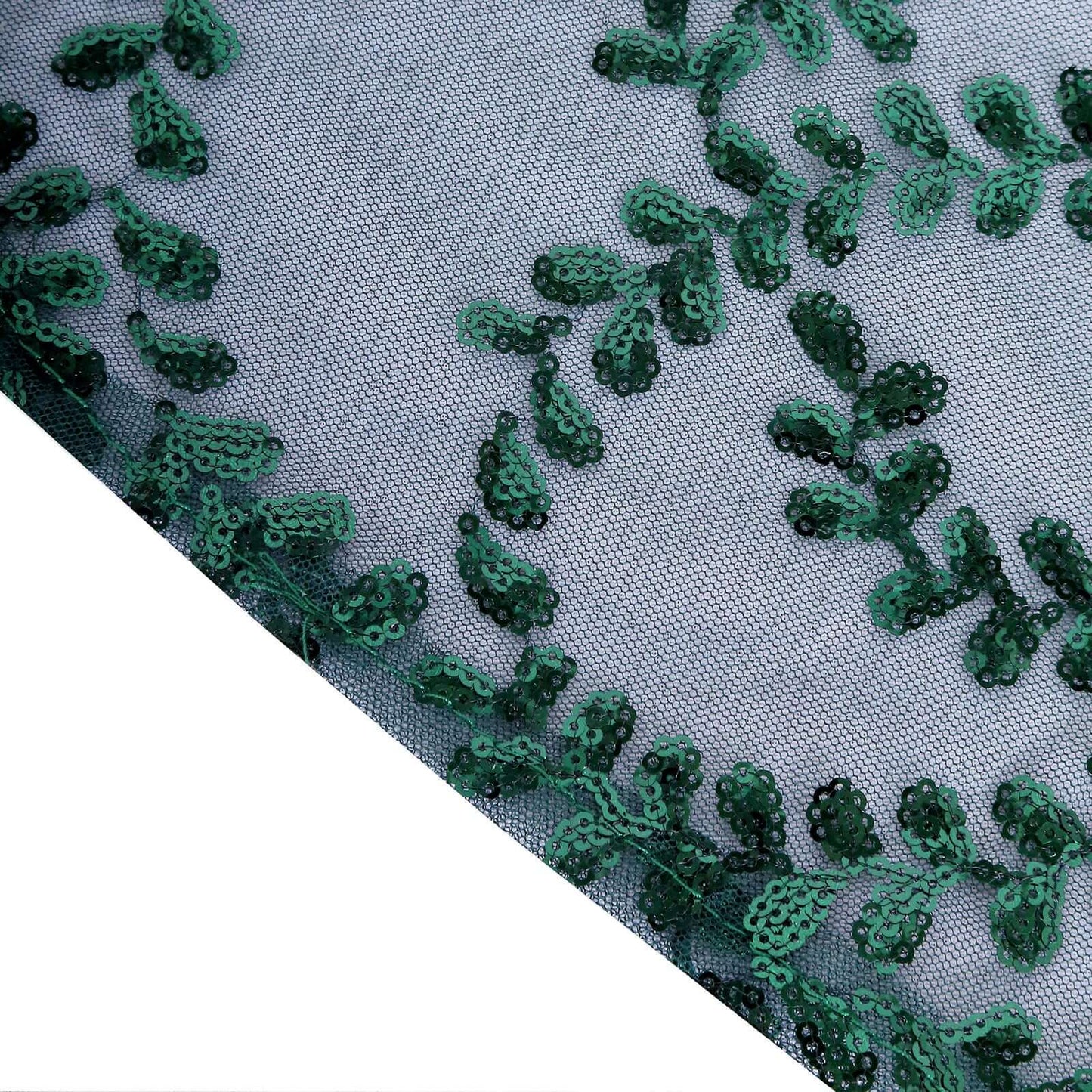 Tulle 120" Round Tablecloth Hunter Emerald Green - Seamless Sequin Leaf Embroidered Table Cover