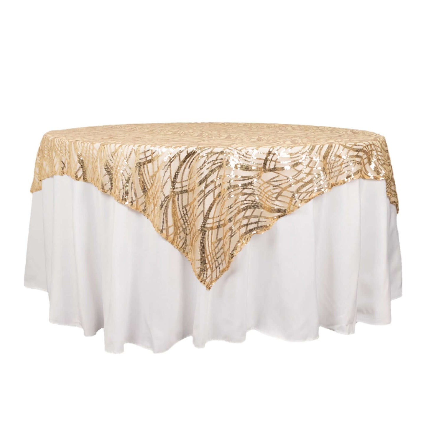 Mesh 72"x72" Table Overlay Square Tablecloth Champagne - Wave Embroidered Sequins Table Topper