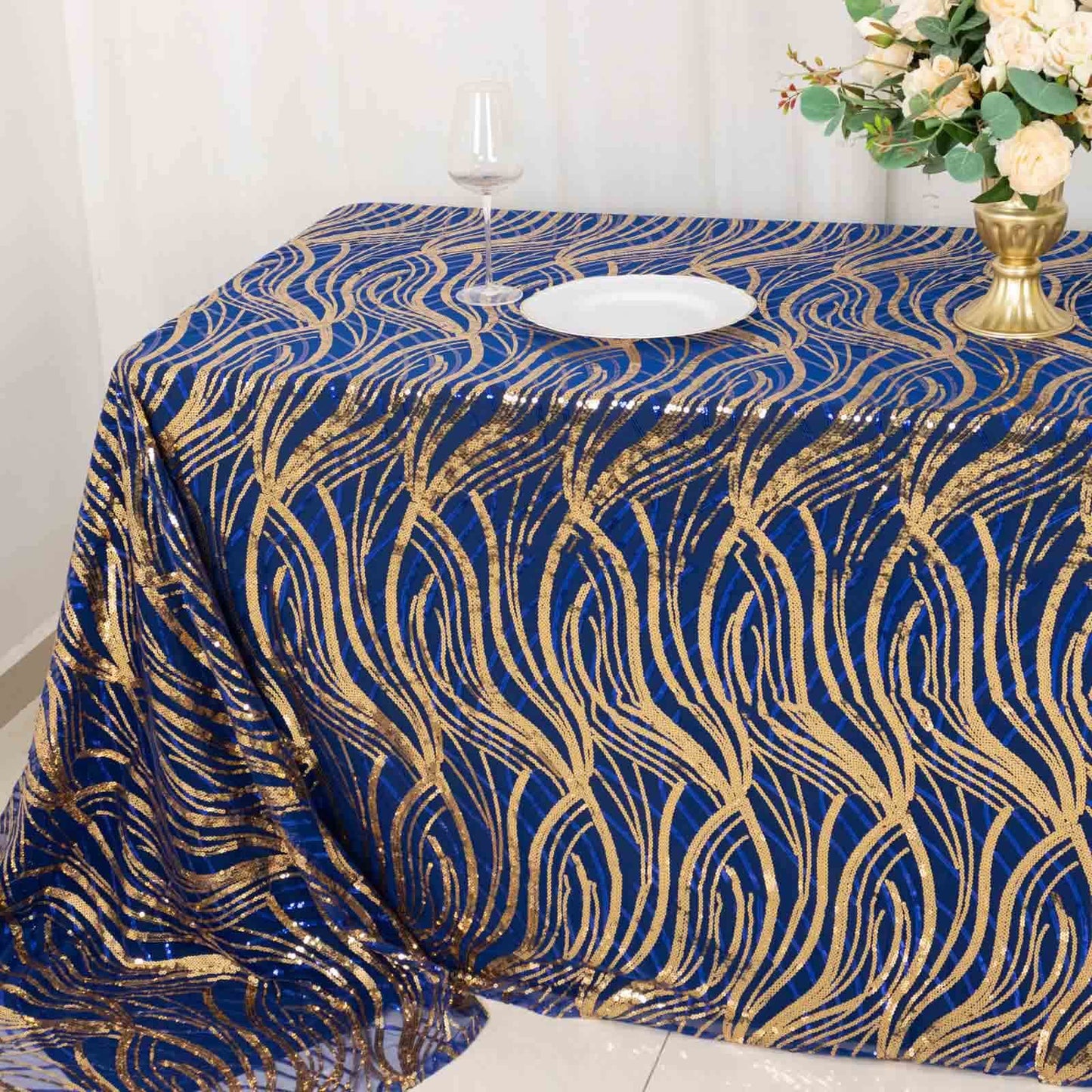 Mesh 90"x156" Rectangle Tablecloth Royal Blue/Gold - Wave Sequin Embroidered Table Cover