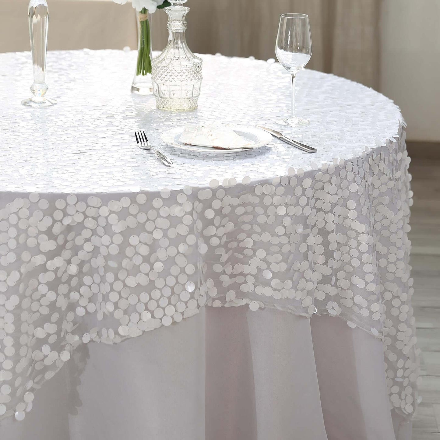 Sequin 72"x72" Table Overlay Square Tablecloth White - Big Payette Design for Classy Celebrations
