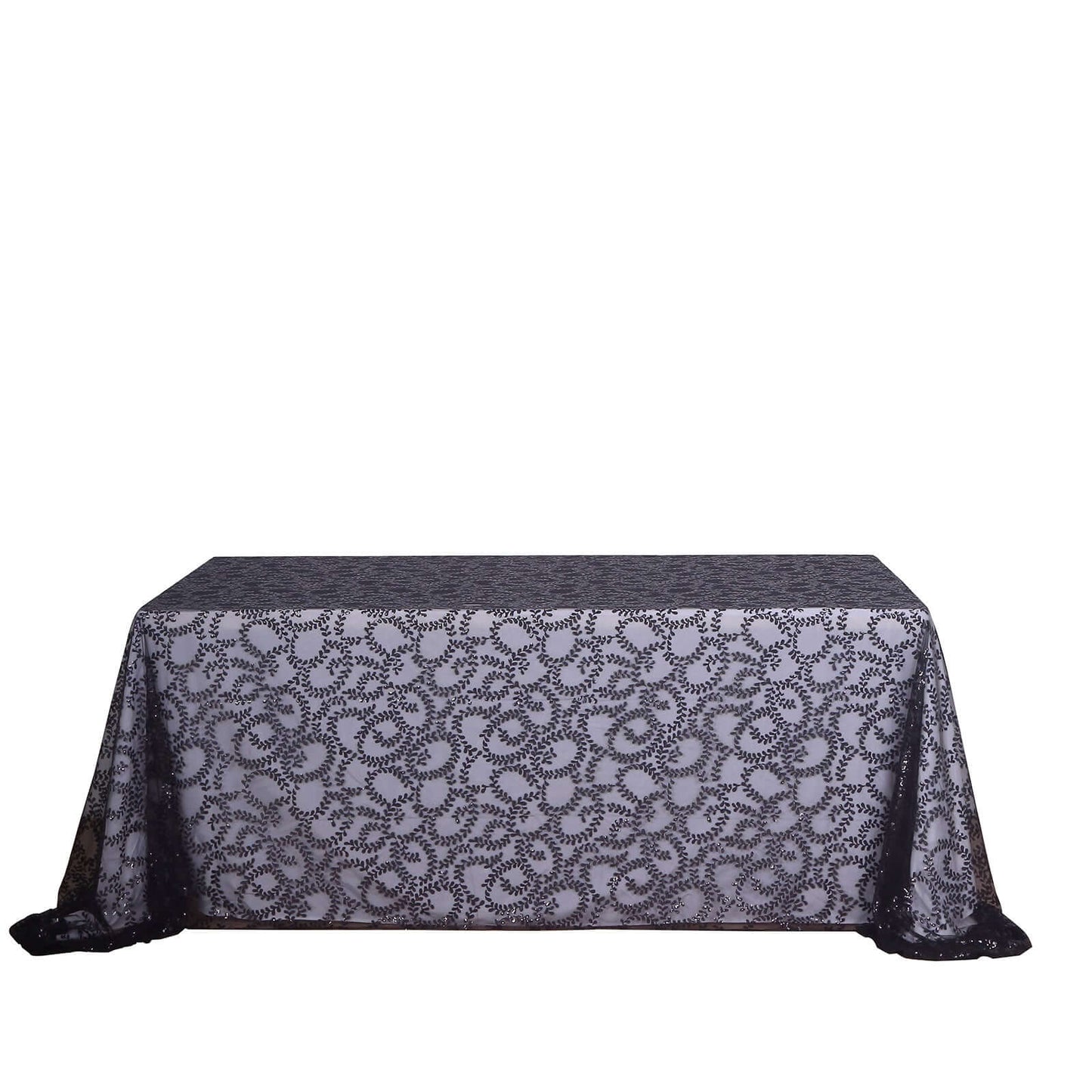 Tulle 90"x156" Rectangle Tablecloth Black - Sequin Leaf Embroidered Table Cover