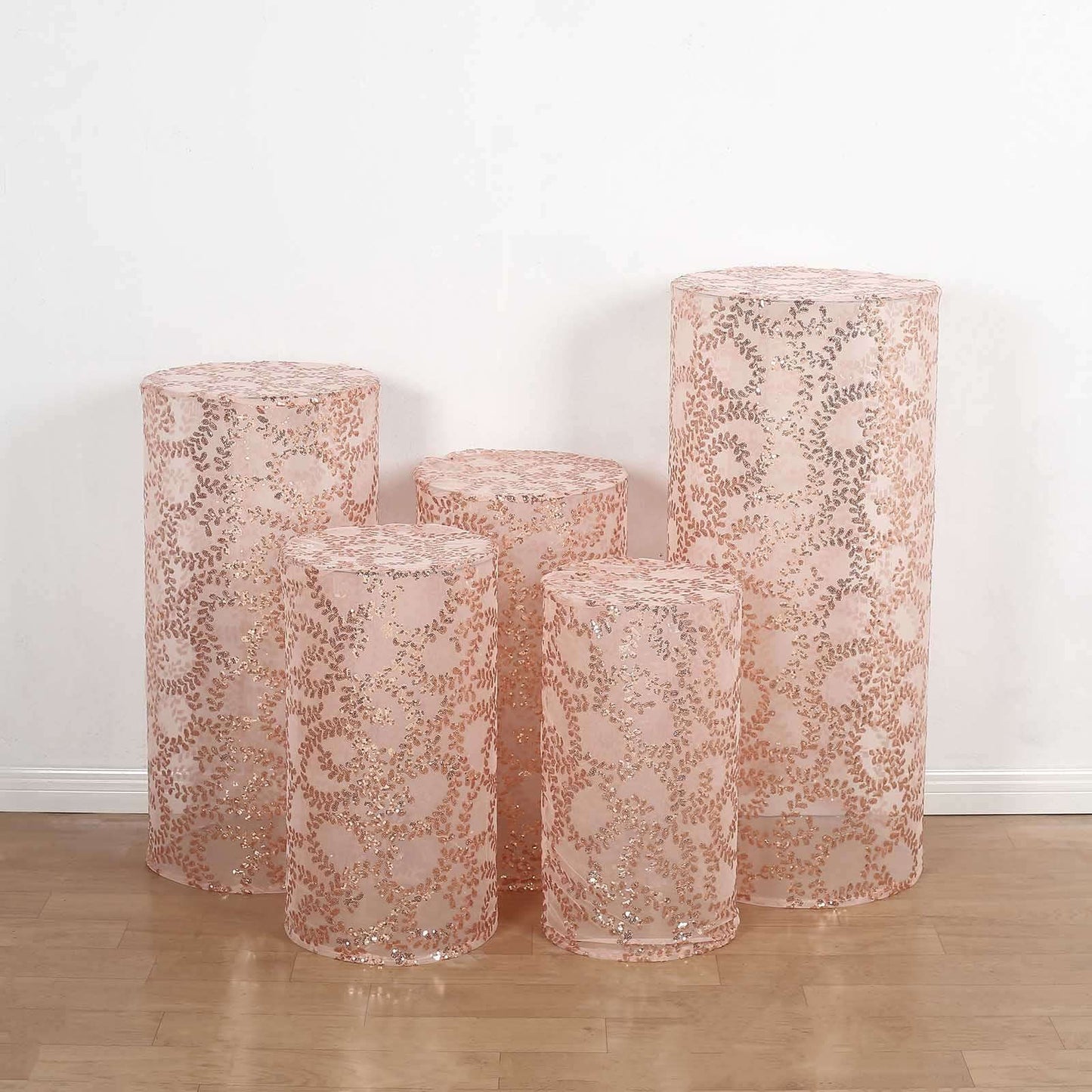 Set of 5 Rose Gold Sequin Mesh Cylinder Pedestal Stand Covers with Leaf Vine Embroidery, Sparkly Sheer Tulle Pillar Prop Covers