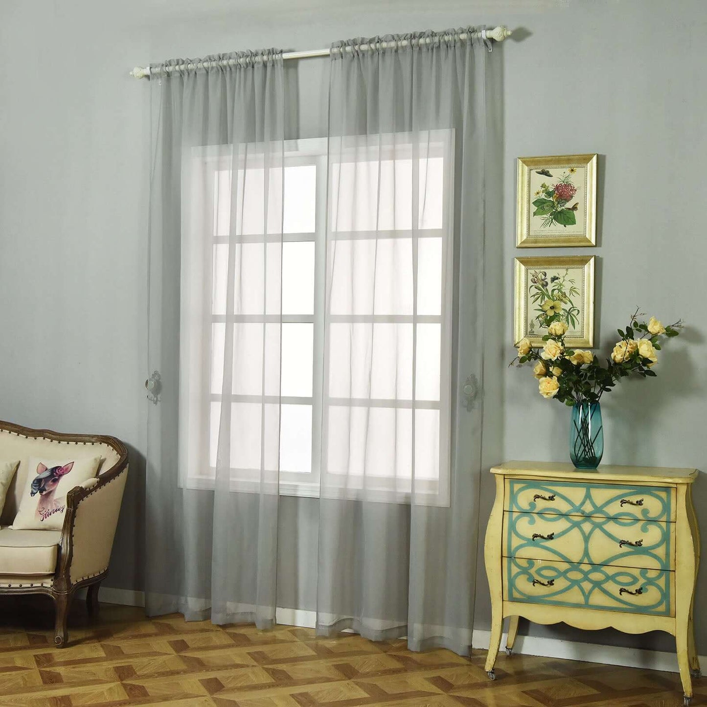 2 Pack Silver Sheer Organza Curtains With Rod Pocket Window Treatment Panels - 52"x108"