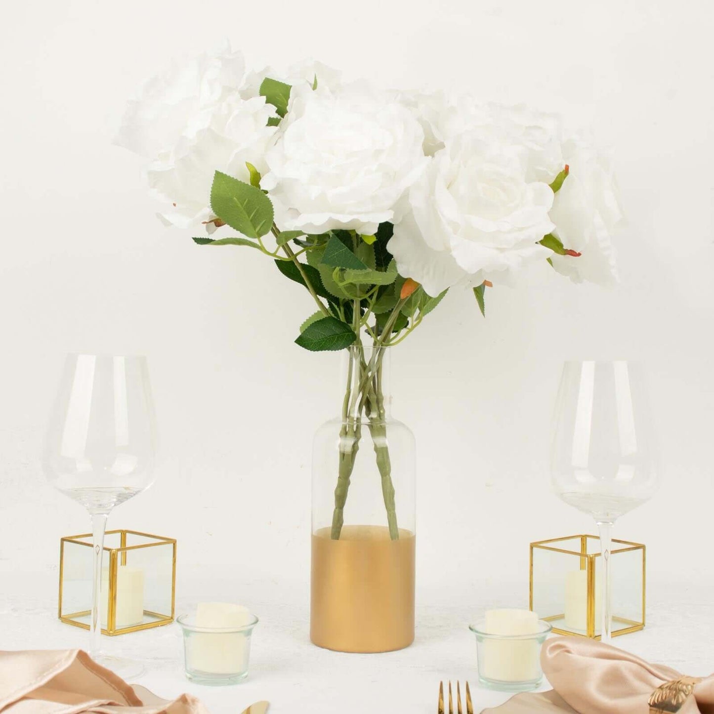 2 Bushes 17" White Premium Silk Jumbo Rose Flower Bouquet, High Quality Artificial Wedding Floral Arrangements