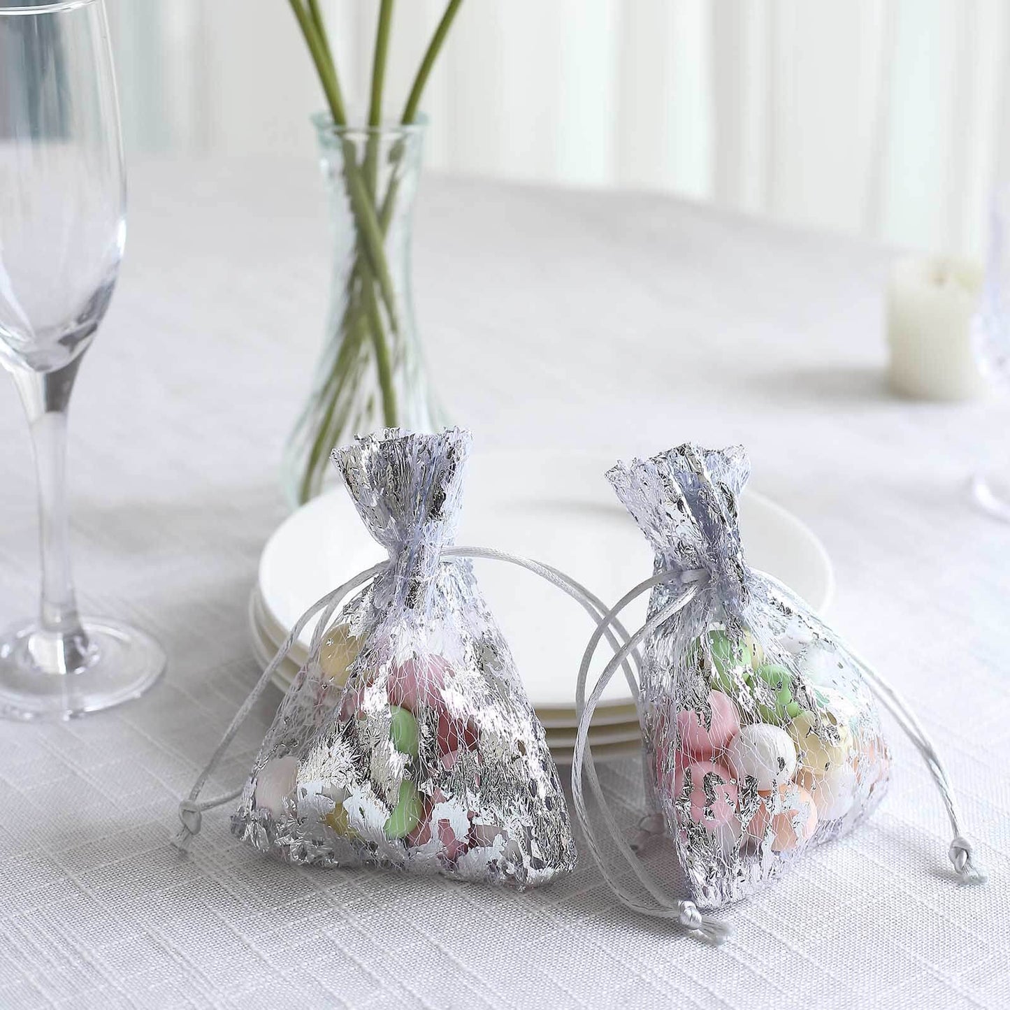 12 Pack Metallic Silver Foil Polyester Drawstring Candy Bags, Wedding Party Favor Bags - 4"x5"