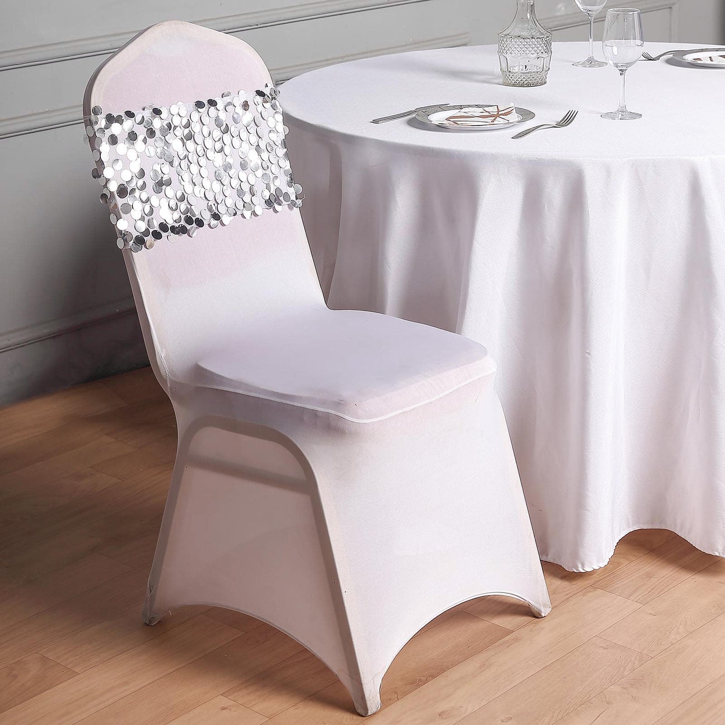 5 Pack Big Payette Sequin 13"x10" Chair Sash Bands Silver - Stylish Glittering Decor for Weddings & Gatherings