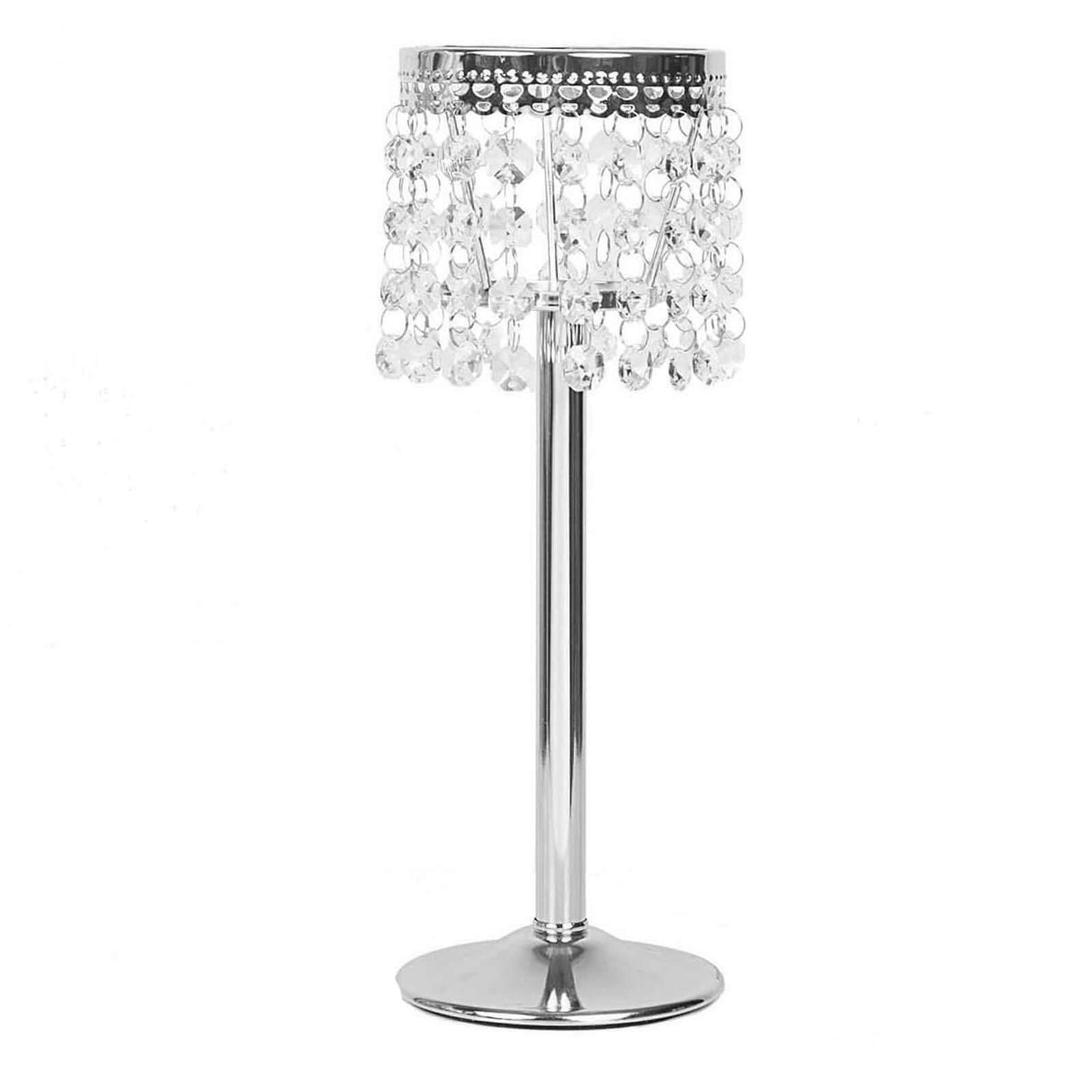 Crystal Beaded Chandelier Metal Candle Holder Silver - Sophisticated Pillar Tealight Stand 12"