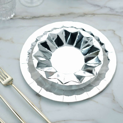 25-Pack Paper 7" Round Dessert Plates in Metallic Silver with Geometric Prism Rim - Disposable 400GSM Appetizer Salad Plates