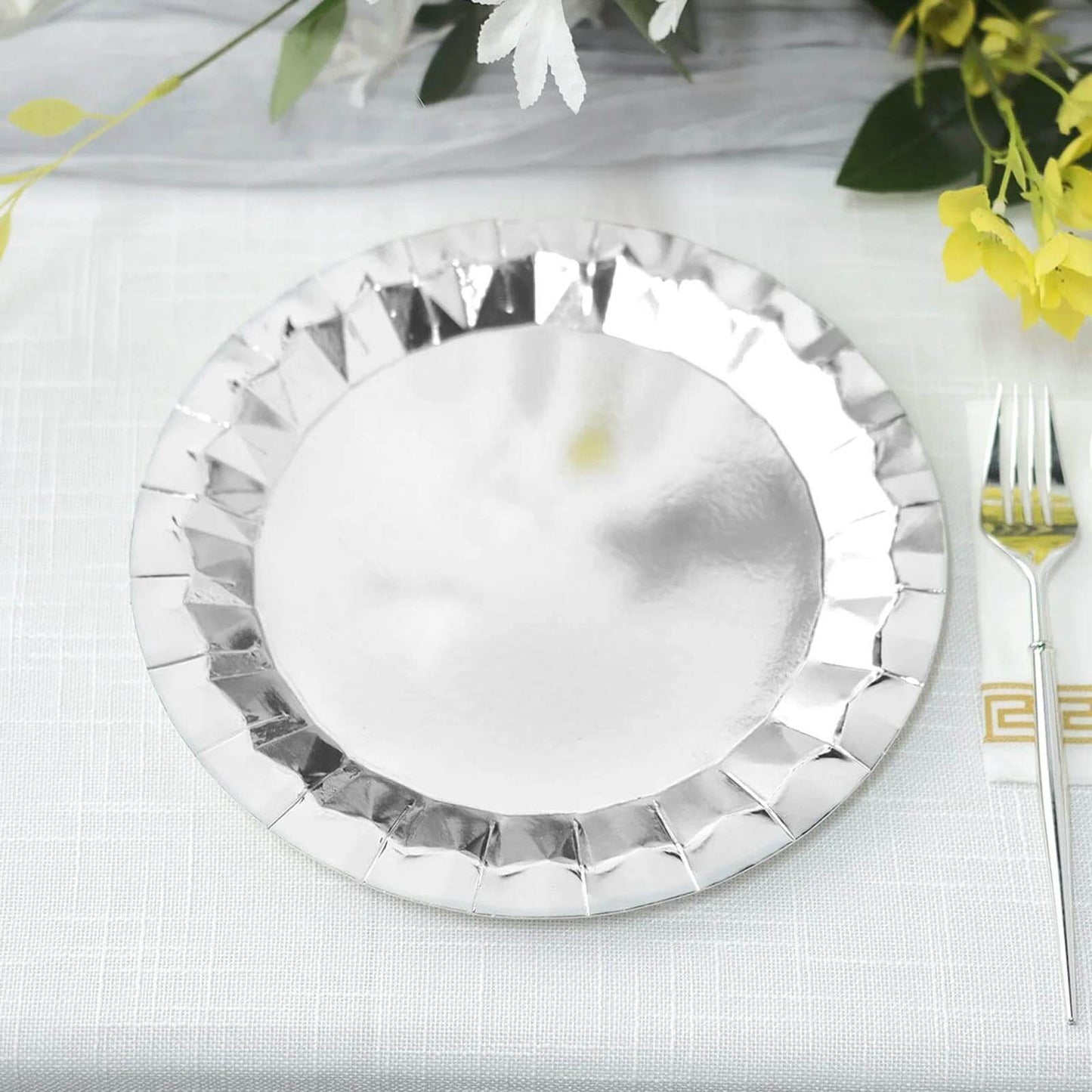 25-Pack Paper 9" Round Dinner Plates in Metallic Silver with Geometric Prism Rim - Disposable 400GSM Party Plates