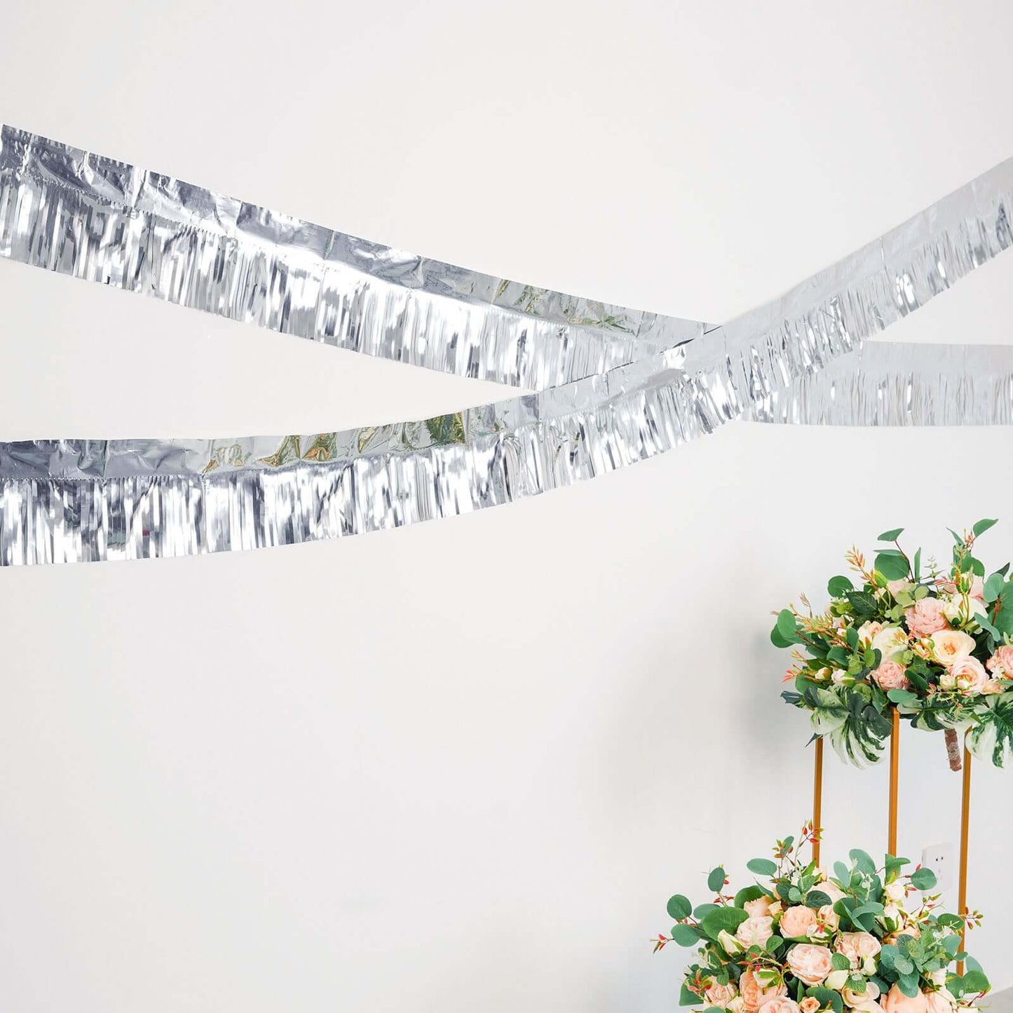 16ft Metallic Silver Foil Tassel Fringe Backdrop Banner, Tinsel Garland Decor