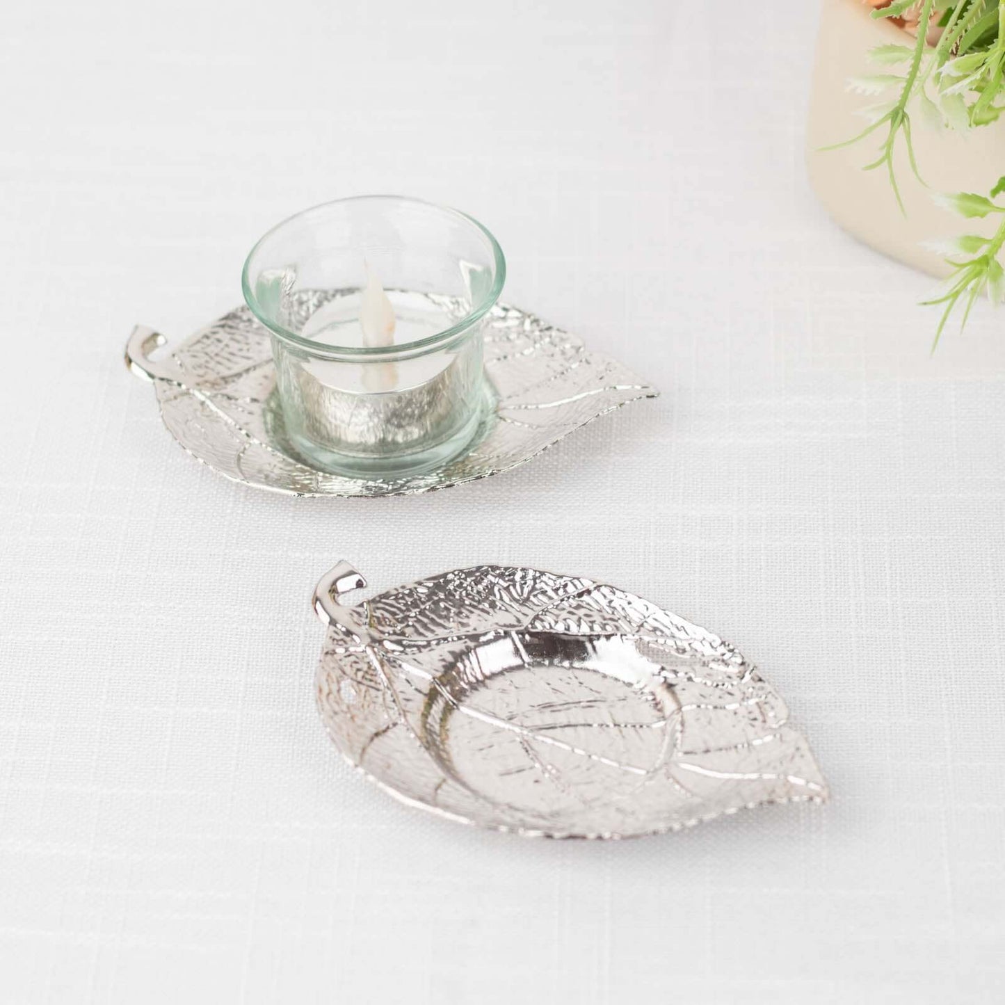 3-Pack Metal Votive Candle Holders Maple Leaf Design Shiny Silver - Vintage Mini Tea Cup Saucers 5"