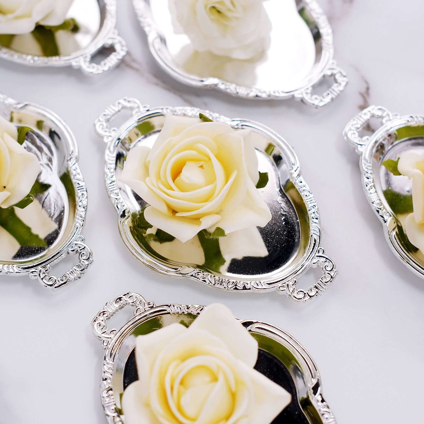 12-Pack Display Trays Party Favor Baroque Oval Design Silver - Mini Serving Platters for Sweets and Desserts 4.5"