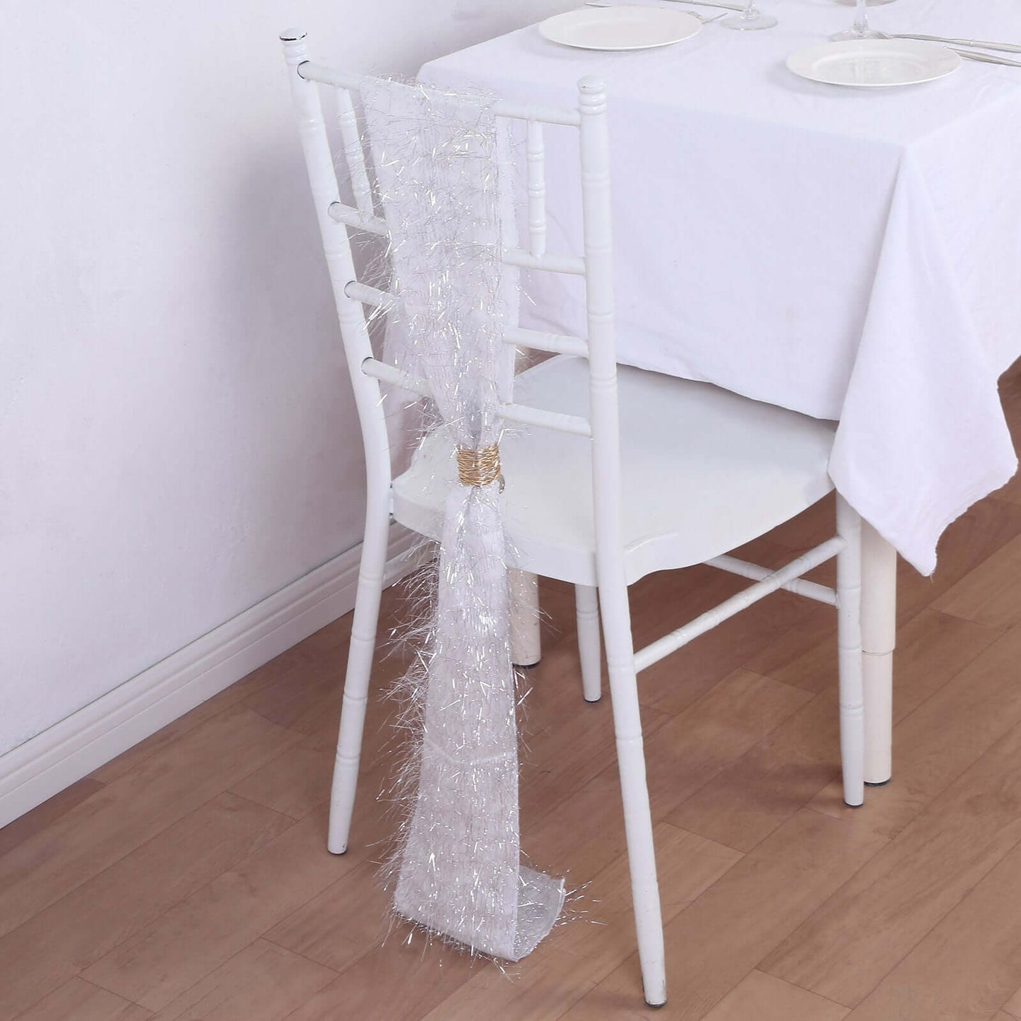 5 Pack Polyester Chair Sashes Silver Metallic Tinsel Fringe - Easy to Use Chair Bows 6"x108"