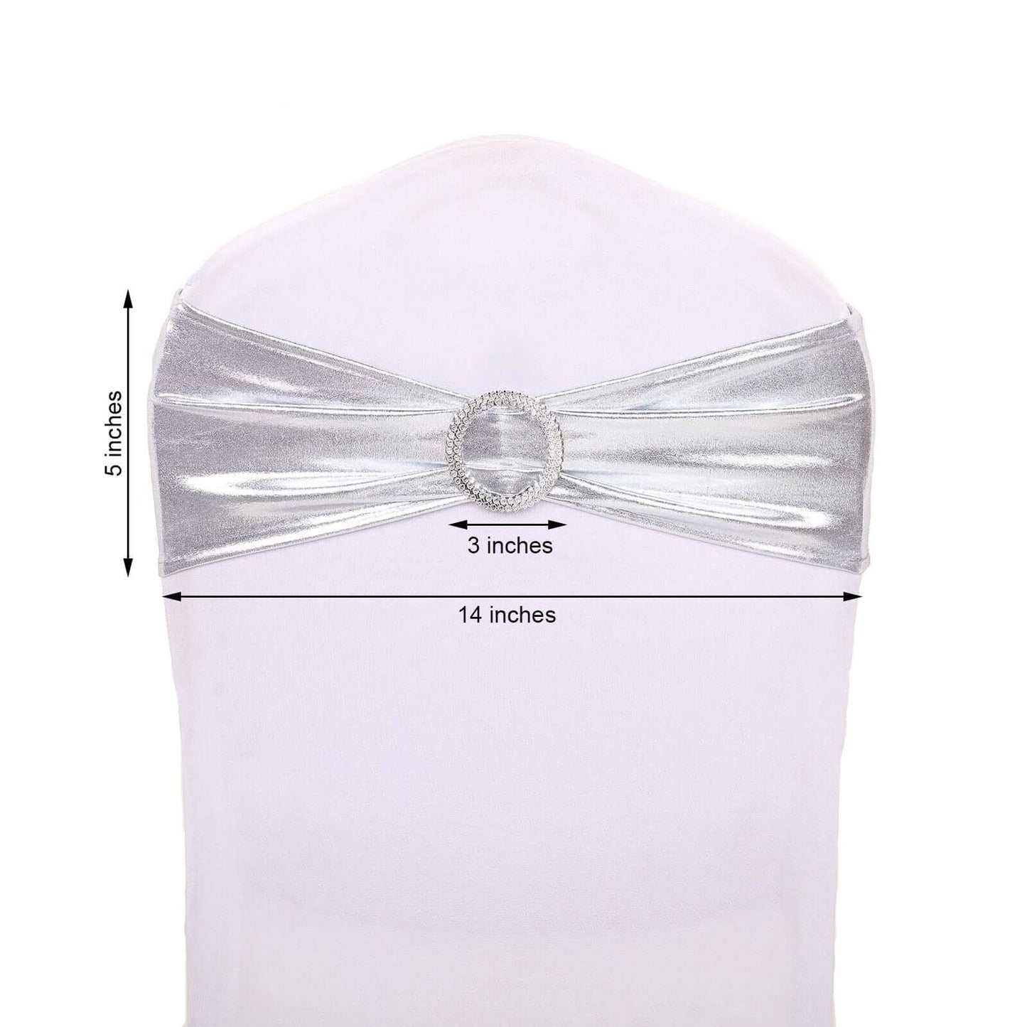 5 Pack Metallic Spandex Chair Sashes Silver - Stretch Fit Chair Bands With Round Diamond Buckles