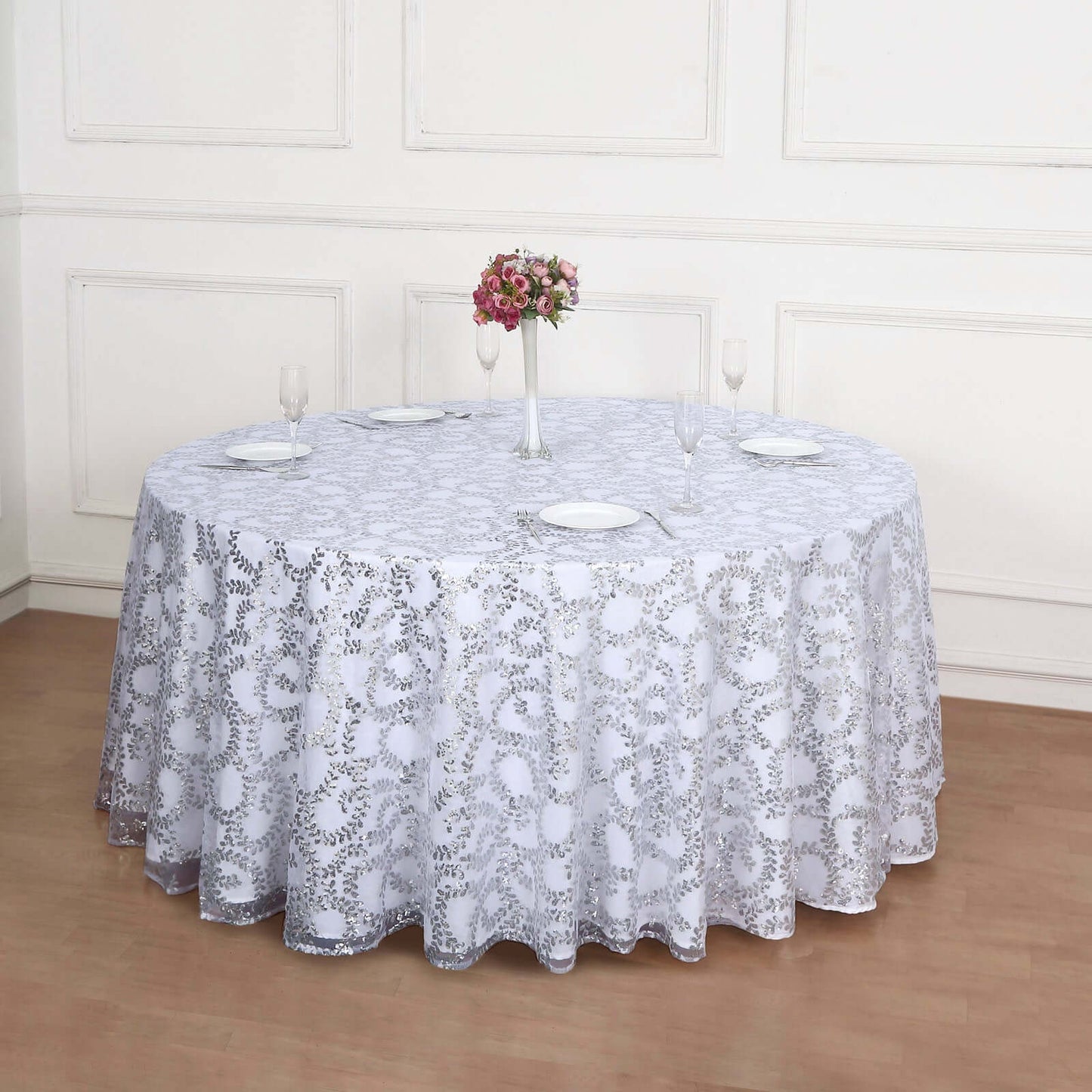 Tulle 120" Round Tablecloth Silver - Seamless Sequin Leaf Embroidered Table Cover