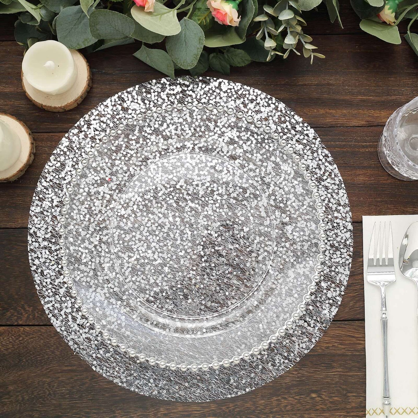 10-Pack Table Placemats Sequin Design Metallic Silver Round - Mesh Disposable Dust-Free Dining Mats 13"