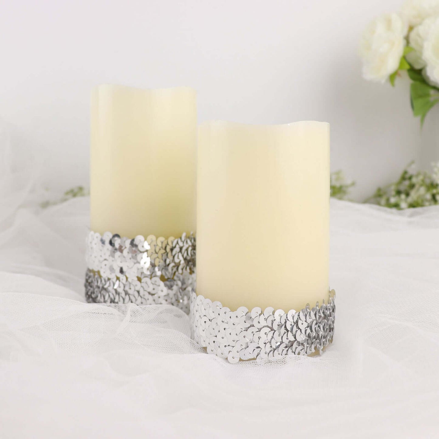 1"x10 Yards Metallic Silver Sequin Stretch Fabric Ribbon, Elastic Lace Trim, Shiny Glitter Craft Fabric