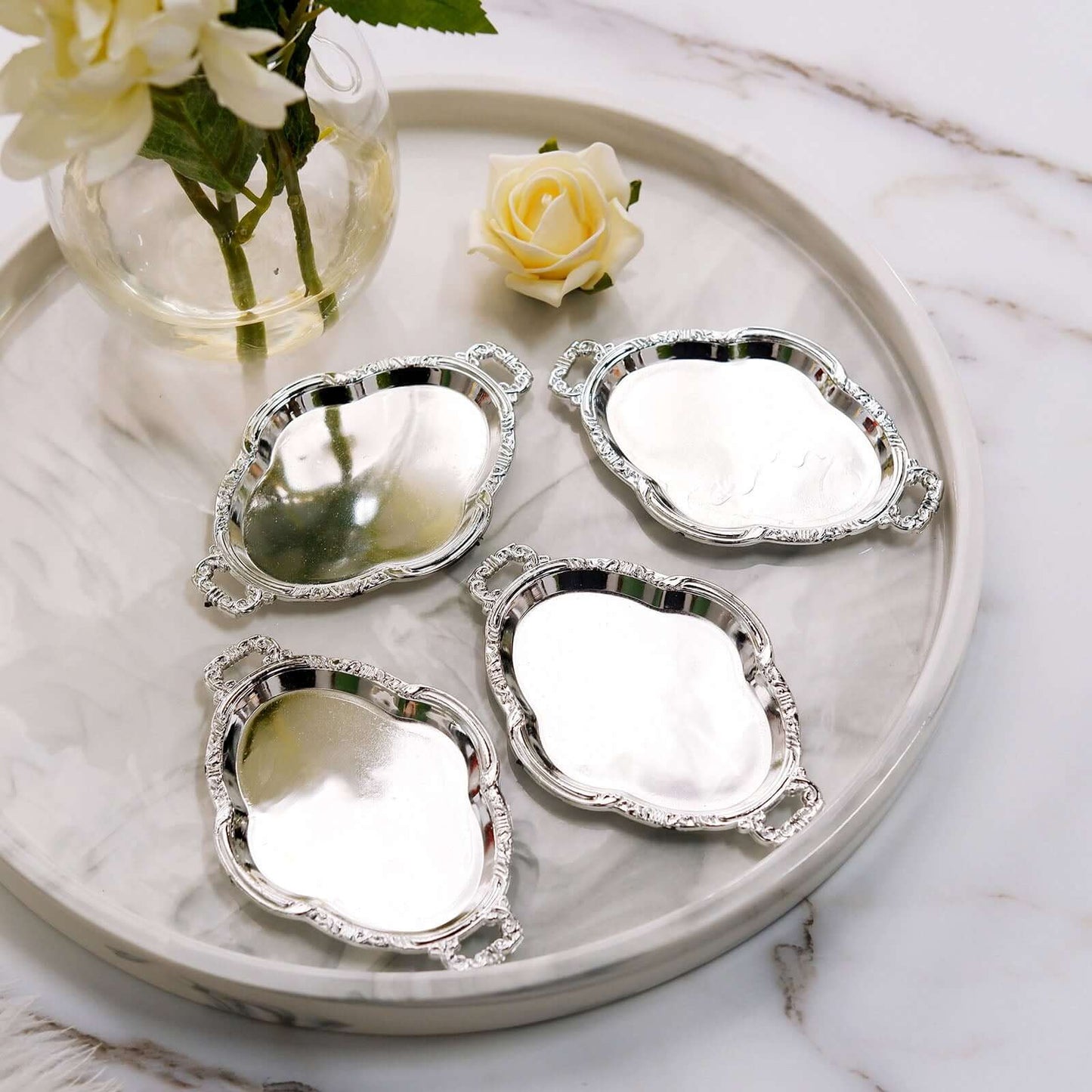 12-Pack Display Trays Party Favor Baroque Oval Design Silver - Mini Serving Platters for Sweets and Desserts 4.5"