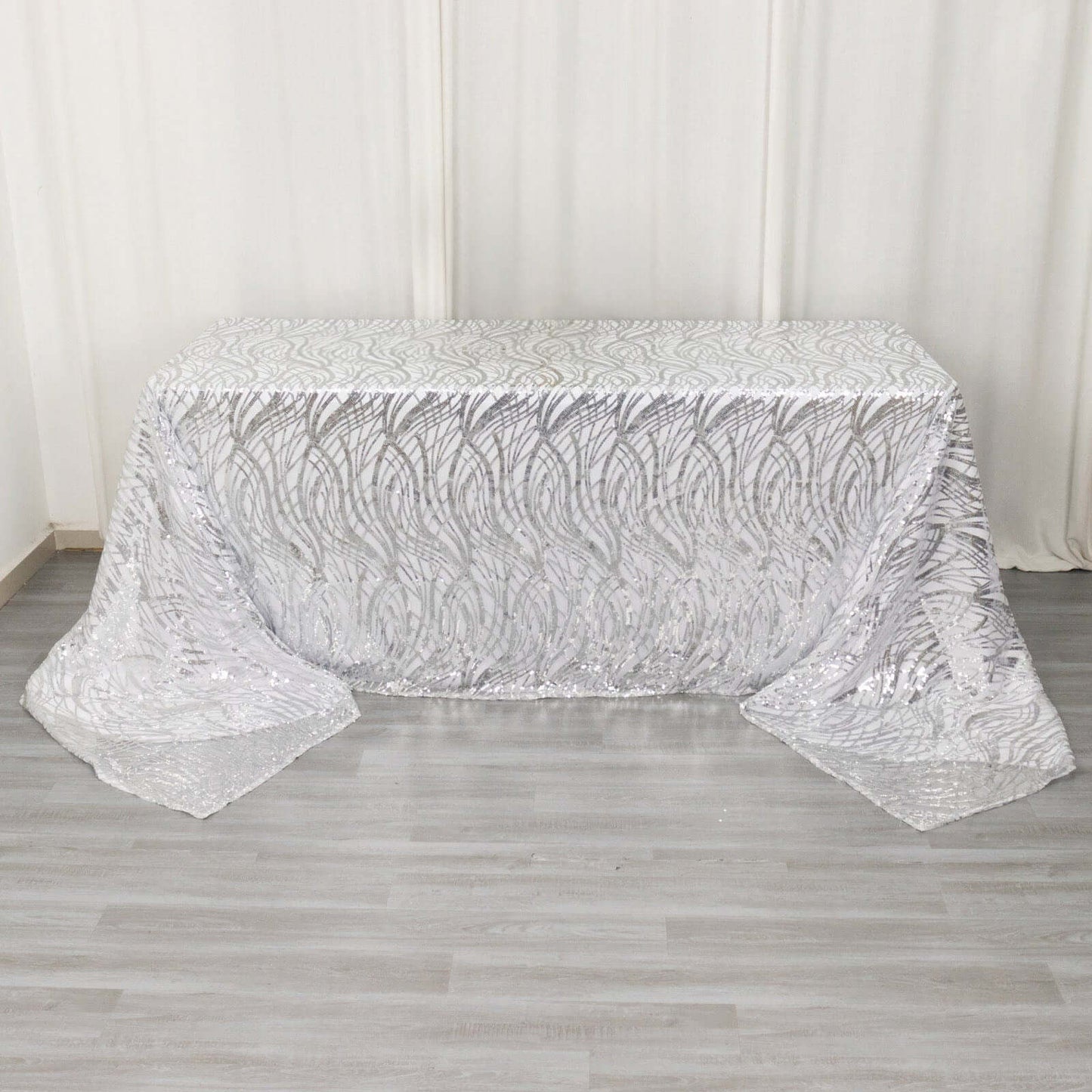 Mesh 90"x156" Rectangle Tablecloth Silver - Wave Sequin Embroidered Table Cover