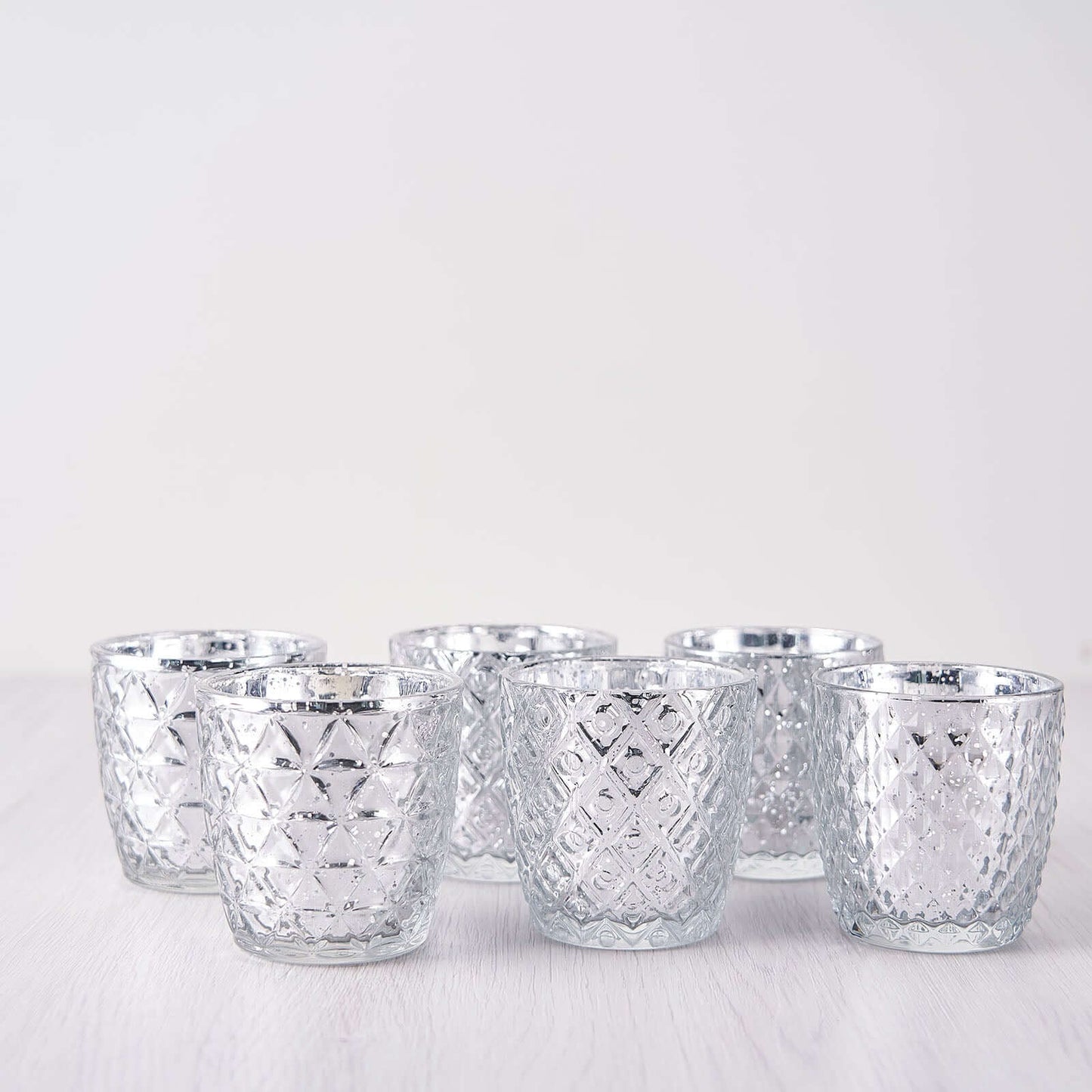 6-Pack Mercury Glass Votive Candle Holders Metallic Silver with Assorted Geometric Designs - Tealight Holders 3"