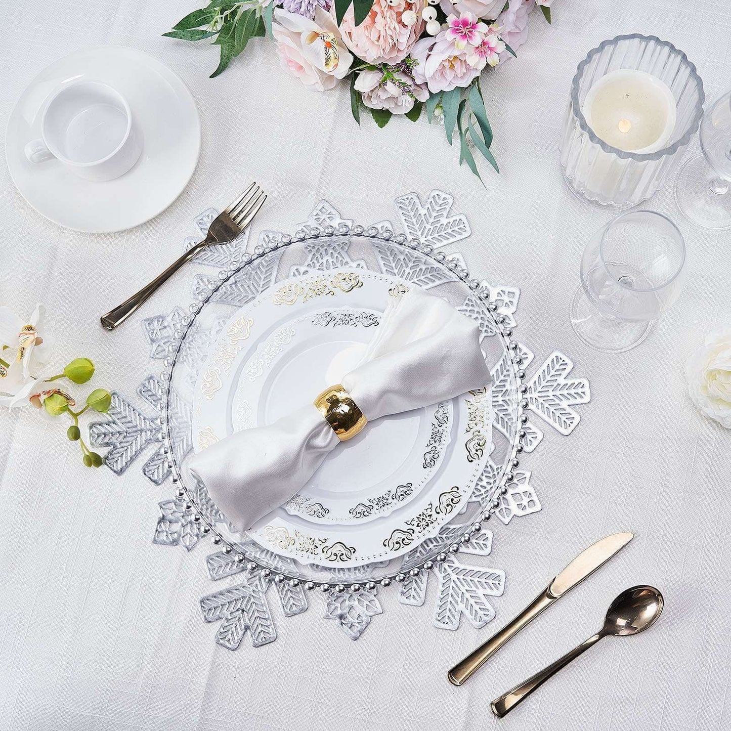 6-Pack Dining Table Mats Snowflake Design Silver - Vinyl Non-Slip Surface for Winter Decor 18"