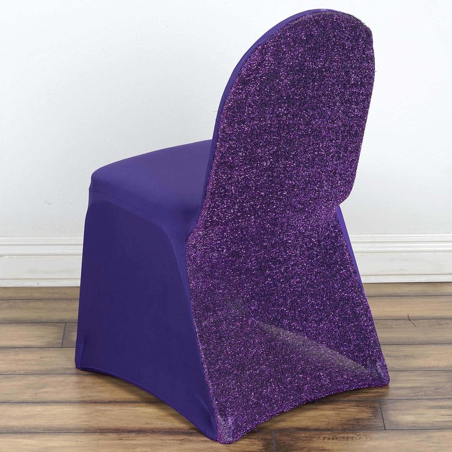 Spandex Chair Cover with Metallic Shimmer Tinsel Back for Banquet Chairs Purple - Fitted Slipcover