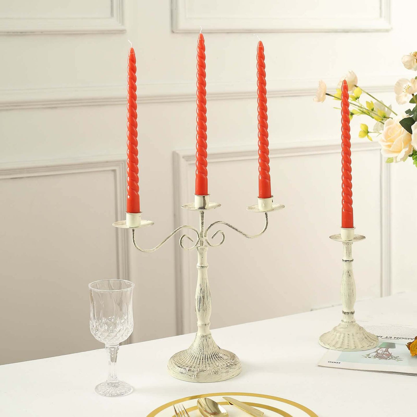 12-Pack Taper Candles Spiral Long Burn Wick Design Terracotta (Rust) - Premium Unscented Wax Dinner Candle Sticks 11"