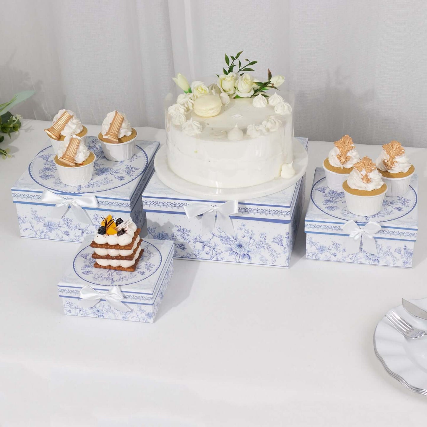 Set of 4 Cardstock Square Nesting Gift Boxes White Blue French Toile Design - Decorative Heavy Duty Stackable Keepsake Boxes With Lids for Presents Storage & Pedestal Stand 6",7",8",9"