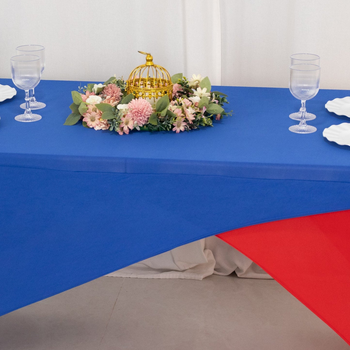 Stretch Spandex 72"x30" Rectangle Table Cover Royal Blue/Red Cross Over Design - Two-Piece Fitted Tablecloth with Elastic Foot Pockets