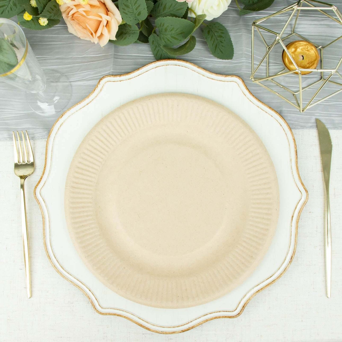 50-Pack Bagasse 10" Round Dinner Plates in Natural with Ribbed Rim - Eco Friendly Biodegradable Sugarcane Party Plates for Events