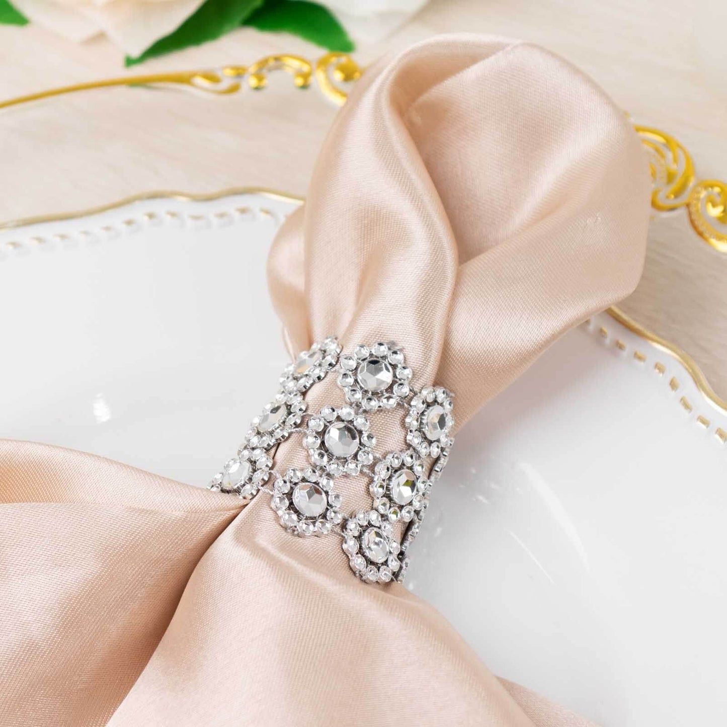 10 Pack Silver Sunflower Diamond Rhinestones Napkin Holders With Velcro, Elegant Wedding Napkin Rings