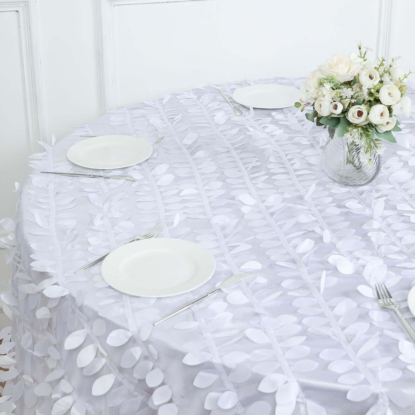 Taffeta 132" Round Tablecloth White 3D Leaf Petal Design Seamless Table Cover for Chic Wedding & Event Decor