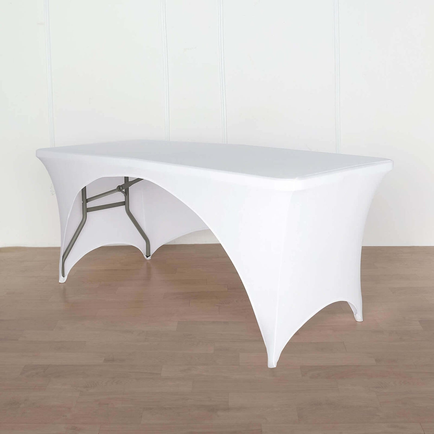 Stretch Spandex 72"x30" Rectangular Table Cover White with Curved Open Back Design Tailored Professional Look for Tradeshows, Events & Exhibitions