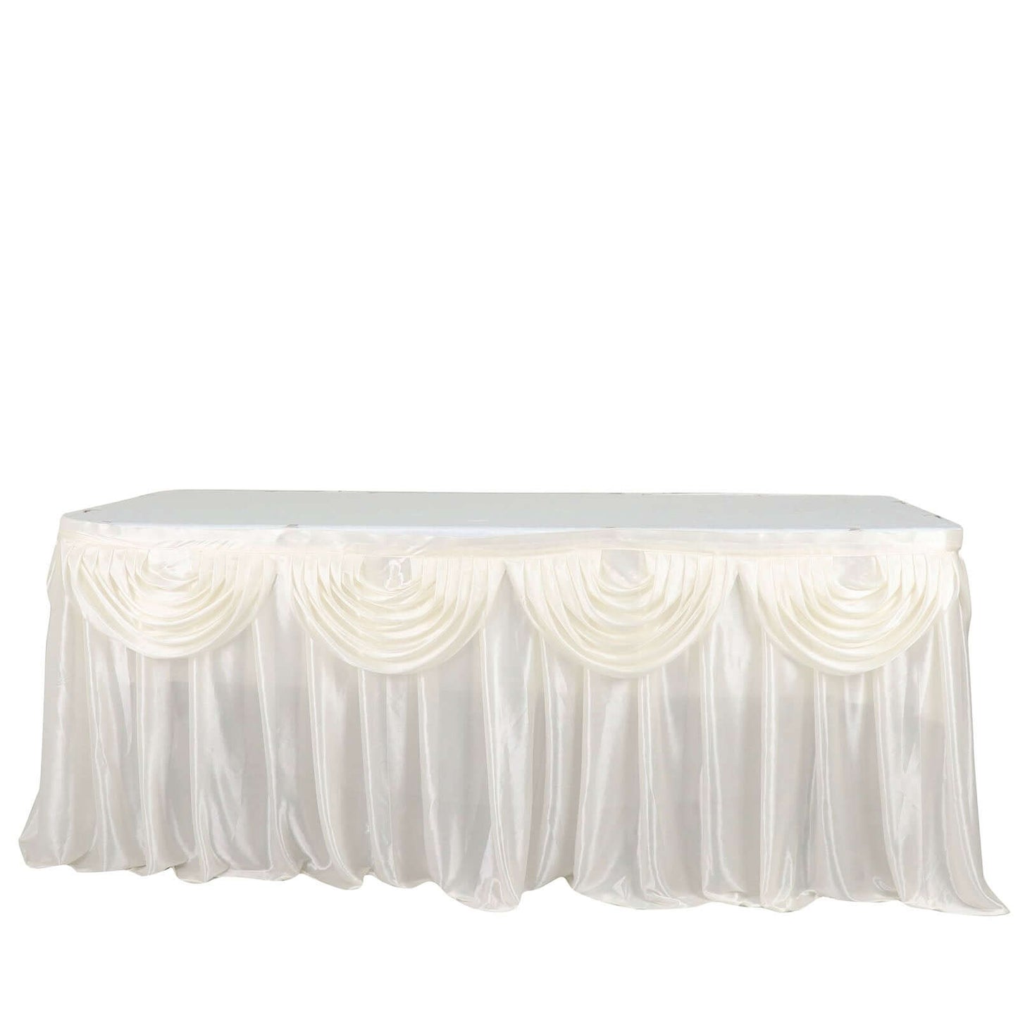 Satin 14ft Table Skirt Ivory - Pleated Double Drape Table Cover