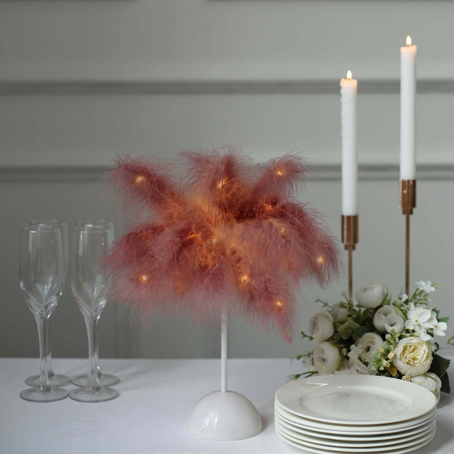 Table Lamp Feather Design Cinnamon Rose LED Battery Operated - Cordless Wedding Centerpiece 15"