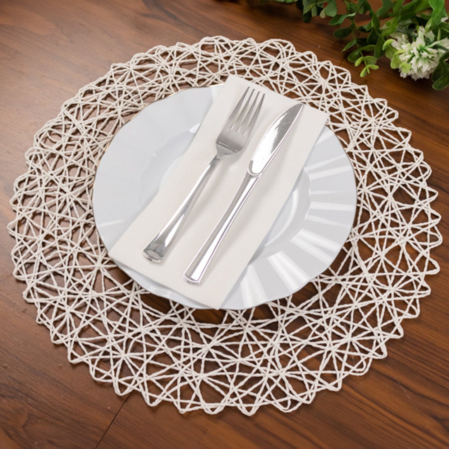6-Pack Table Placemats Woven Fiber Design White Round - Disposable Mats for Dining and Events 15"