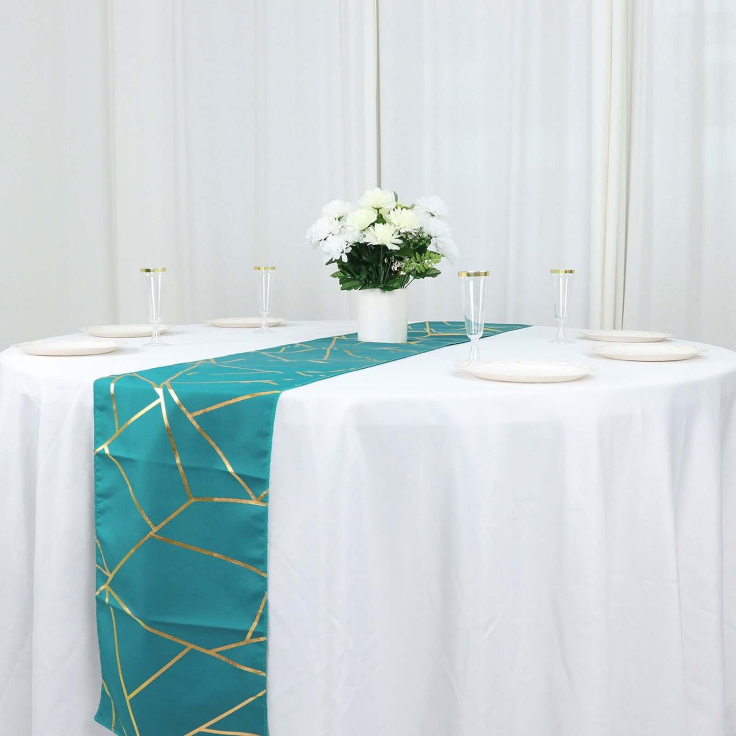 Polyester 9ft Table Runner Teal with Gold Foil Modern Geometric Accent