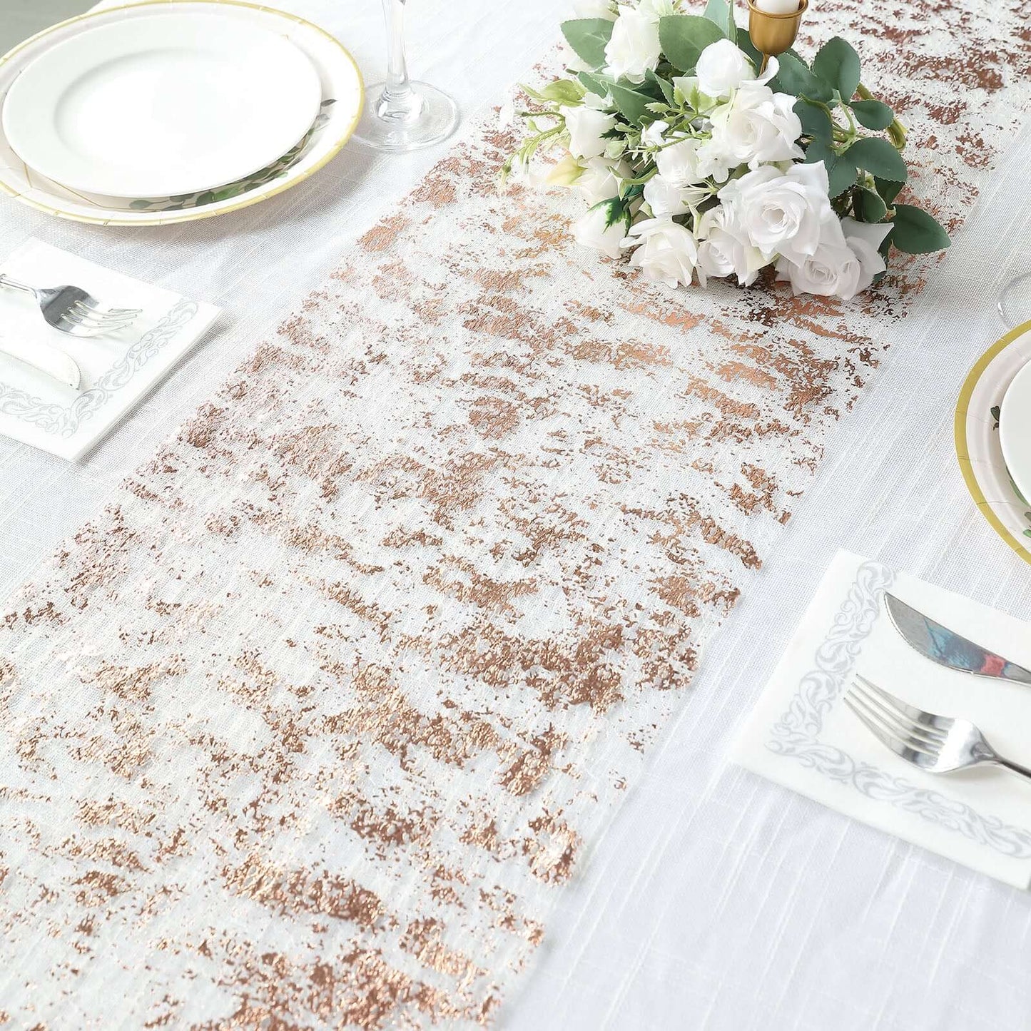 Mesh Polyester 108" Table Runner Roll Metallic Rose Gold - Distressed Foil Look Disposable Table Decor