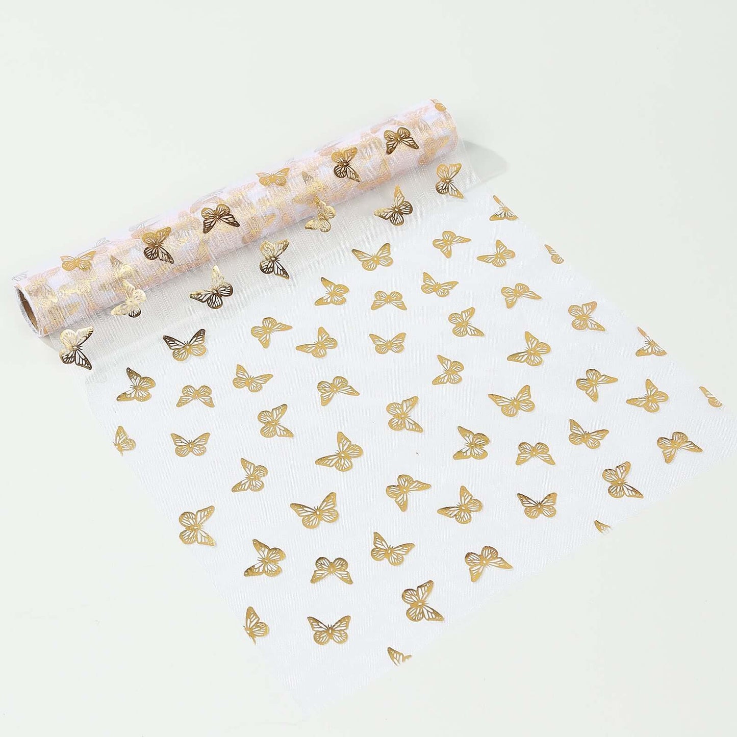 5 Pack Sheer Organza 11"x108" Table Runner Rolls White Disposable with Metallic Gold Foil Butterflies Motifs