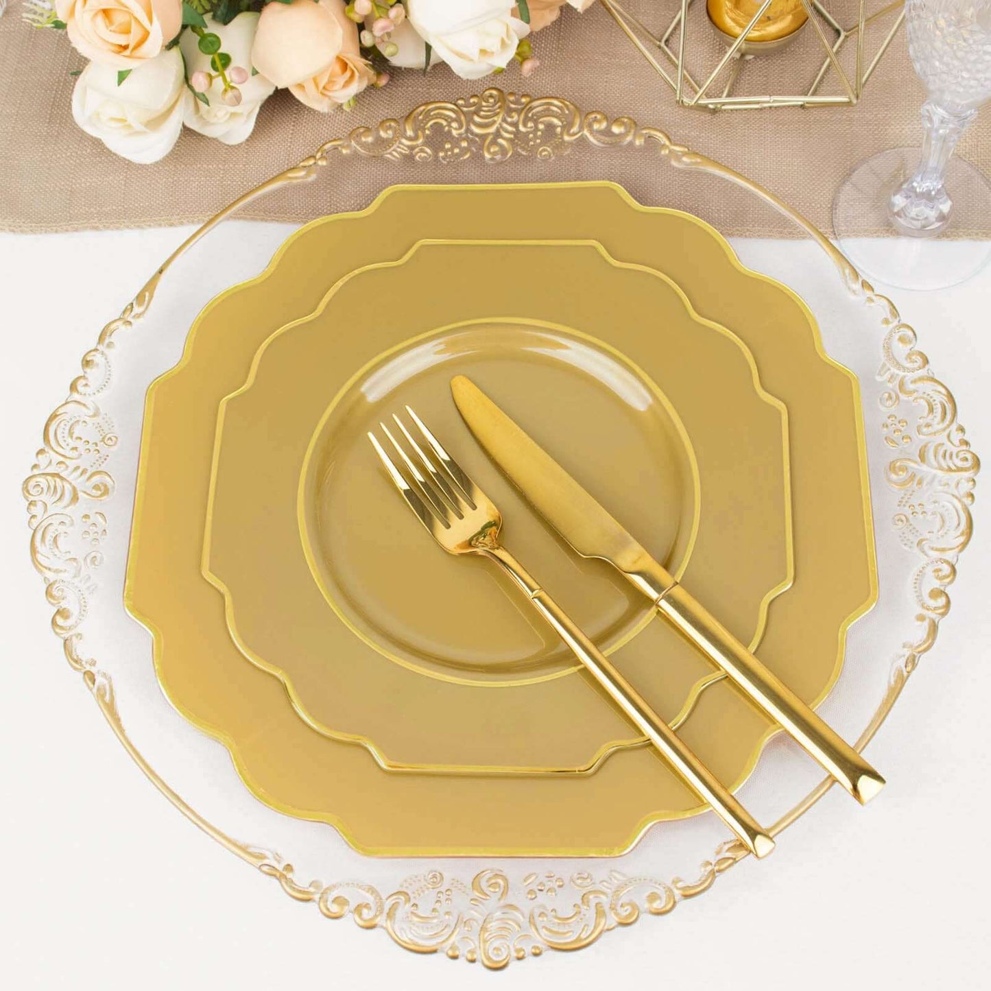 10-Pack Plastic Dessert Appetizer Plates in Gold Baroque Design with Scalloped Gold Rim - Heavy Duty Disposable Salad Plates 8"