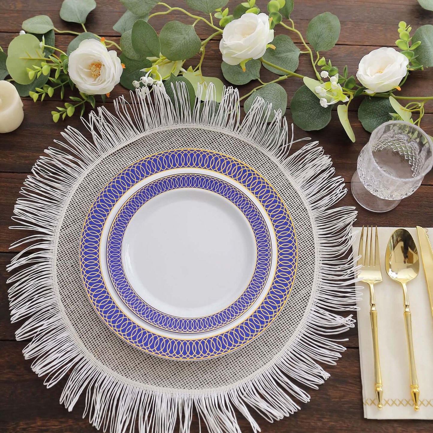 10-Pack Plastic Round Dessert Plates 7" White with Navy Blue Gold Spiral Rim - Disposable Salad Plates