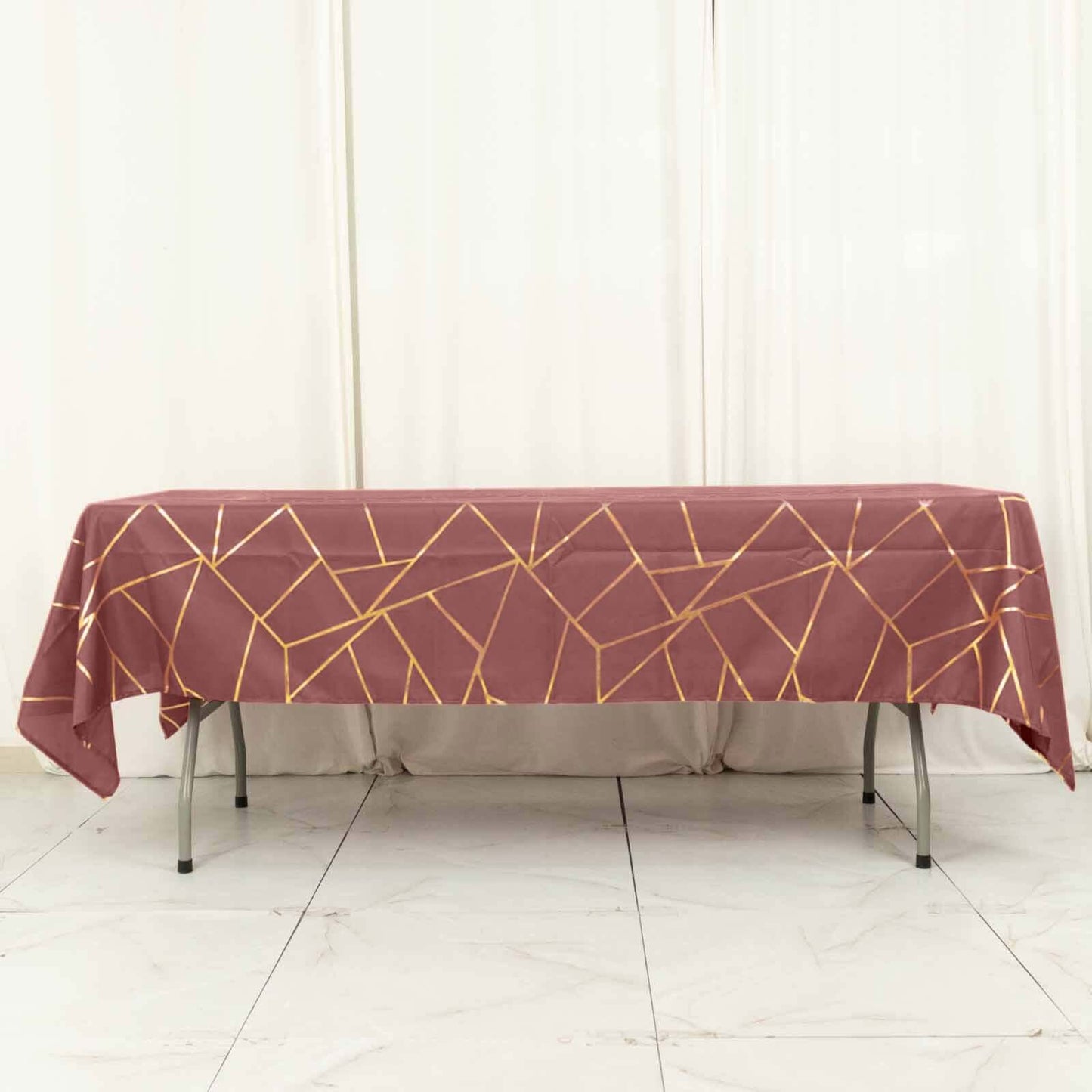 Polyester 60"x102" Rectangle Tablecloth Cinnamon Rose with Gold Foil Geometric Pattern - Wrinkle-Resistant & Durable Table Cover