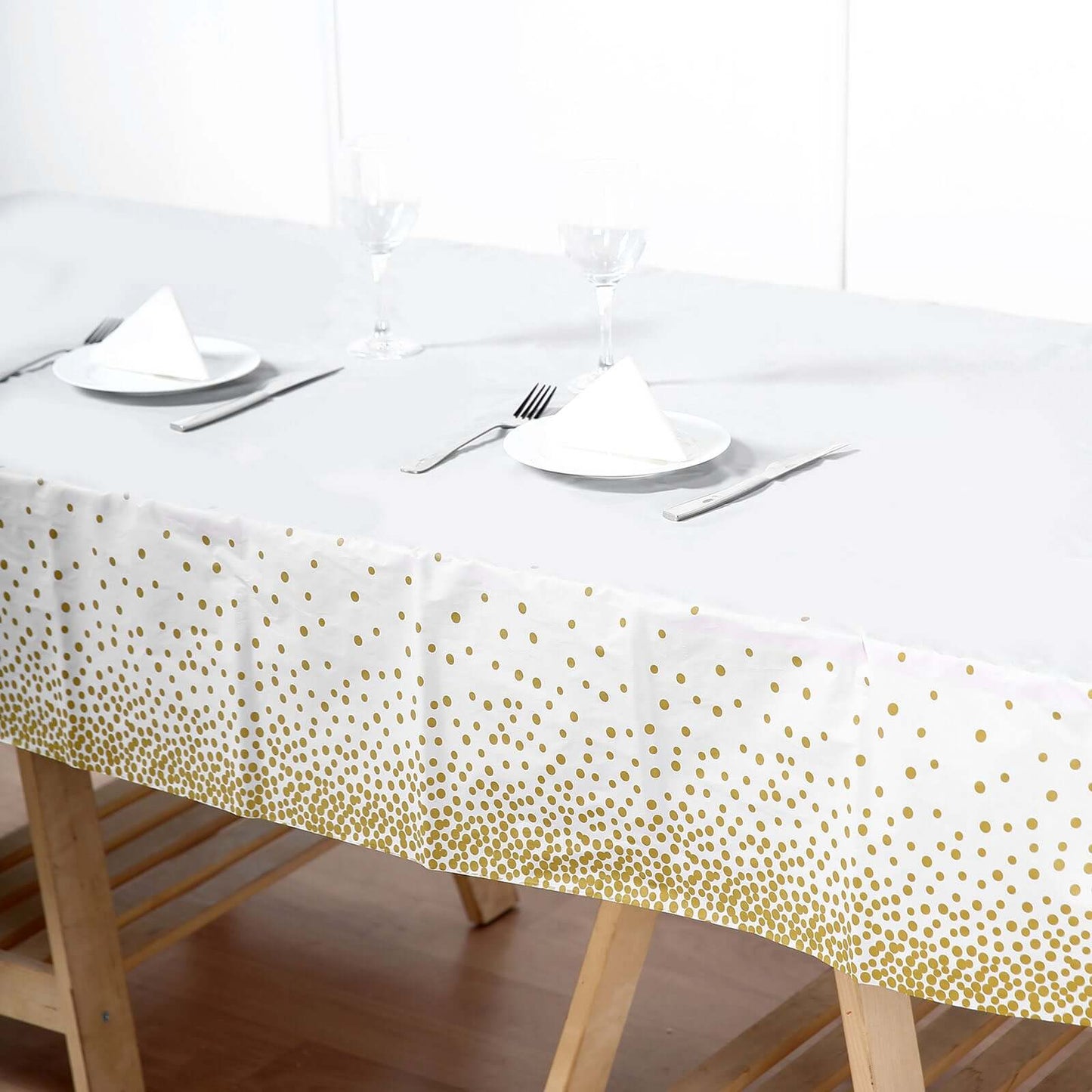 5-Pack Plastic Table Covers White Rectangle with Gold Confetti Dots - Durable PVC Disposable Tablecloths for Events 54"x108"