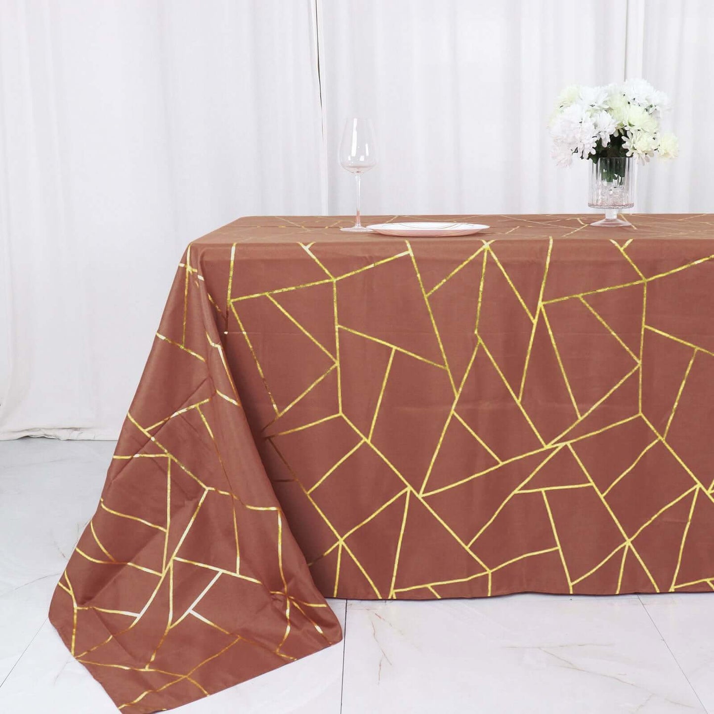 Polyester 90"x132" Rectangle Tablecloth Terracotta (Rust) with Gold Foil Geometric Pattern - Wrinkle-Resistant Seamless Table Cover