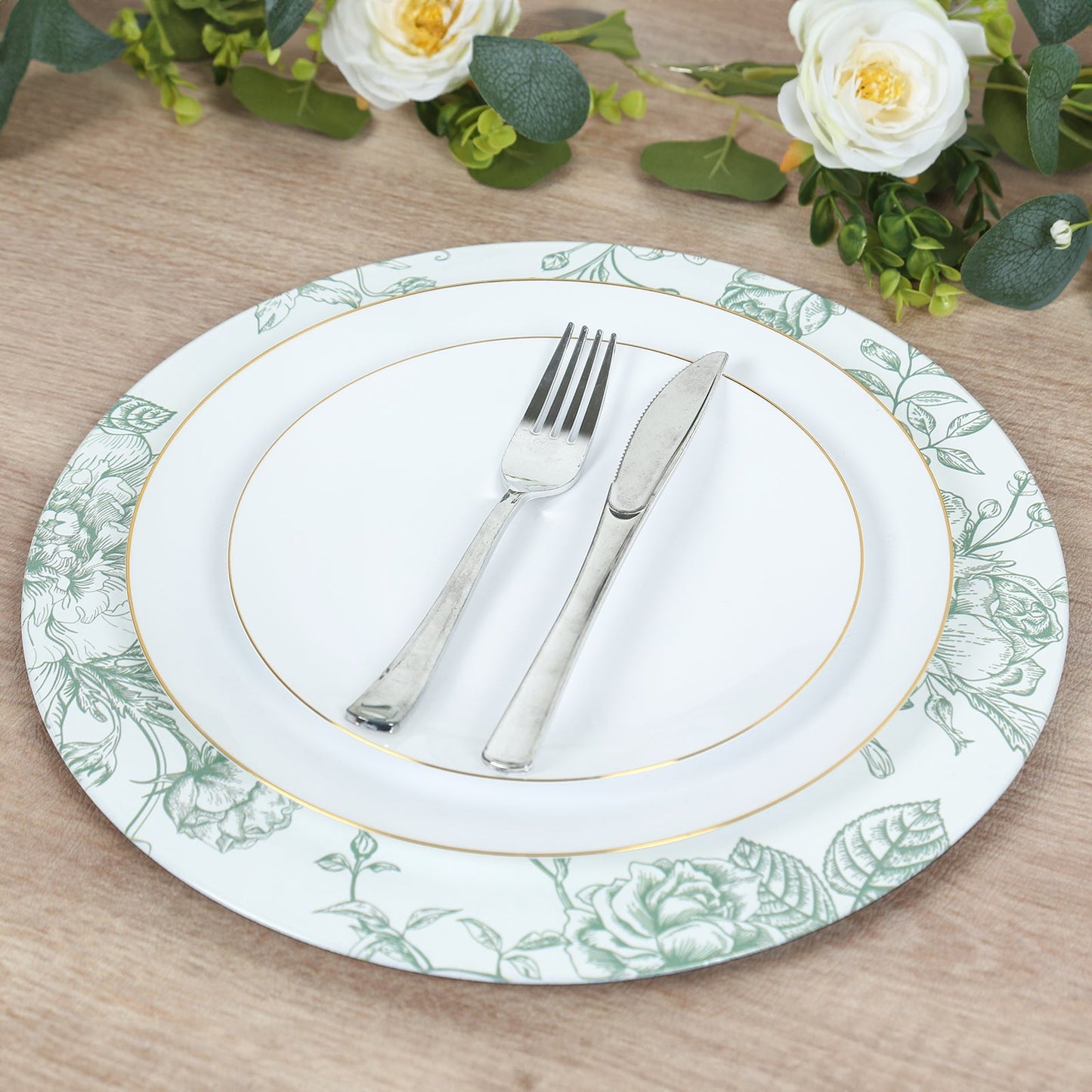 6 Pack Round Floral Acrylic Charger Plates in French Toile Pattern, 13" White Sage Green Dinner Charger Event Tabletop Decor