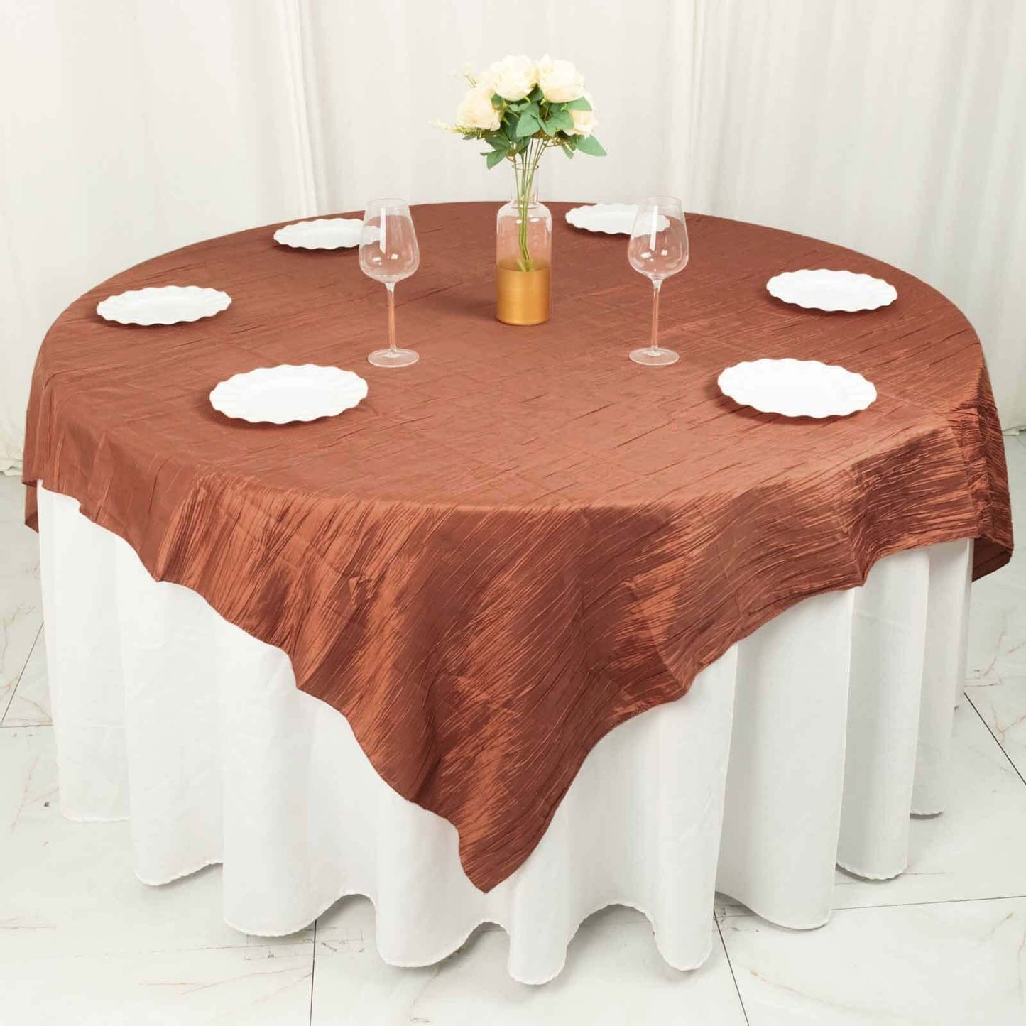 Taffeta 72"x72" Table Overlay Square Tablecloth Terracotta (Rust) - Accordion Crinkle Table Cover