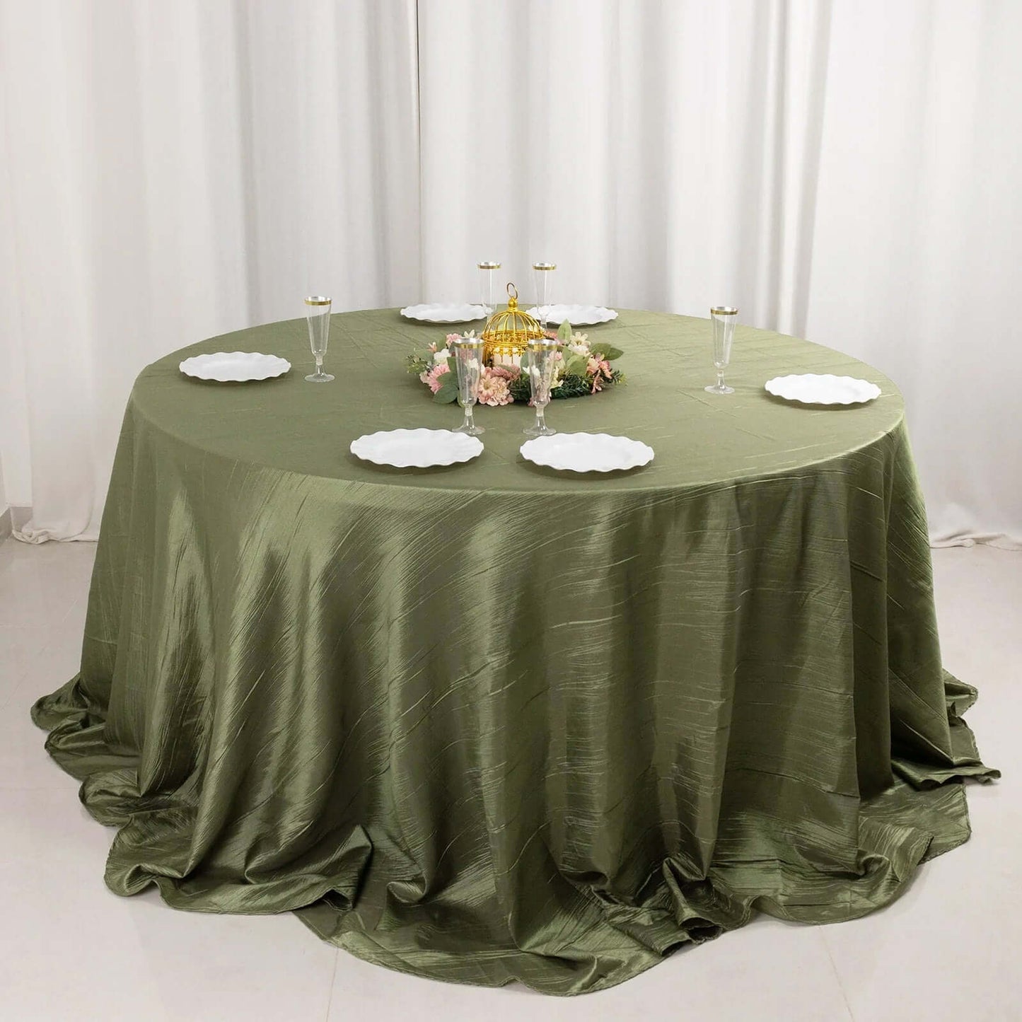 Taffeta 132" Round Tablecloth Dusty Sage Green - Seamless Accordion Crinkle Table Cover