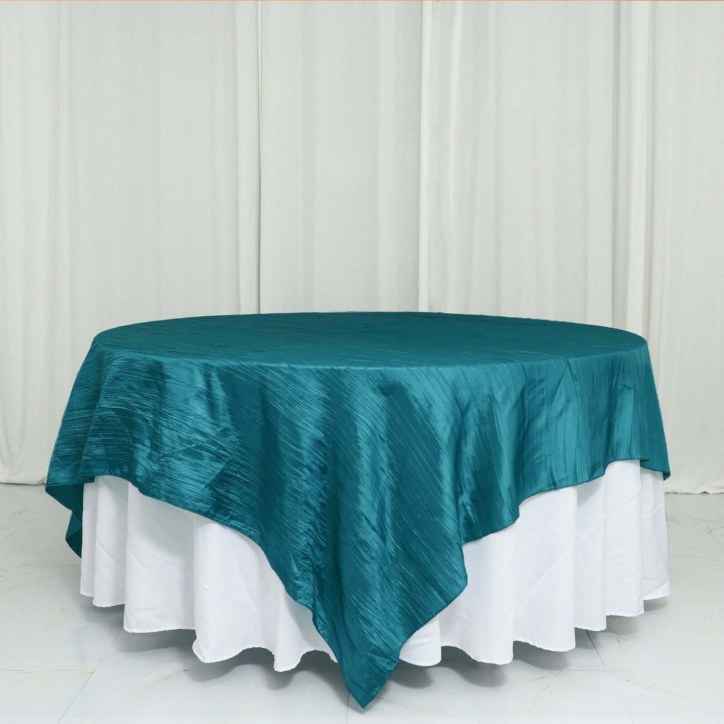 Taffeta 90"x90" Table Overlay Square Tablecloth Peacock Teal - Accordion Crinkle Table Cover