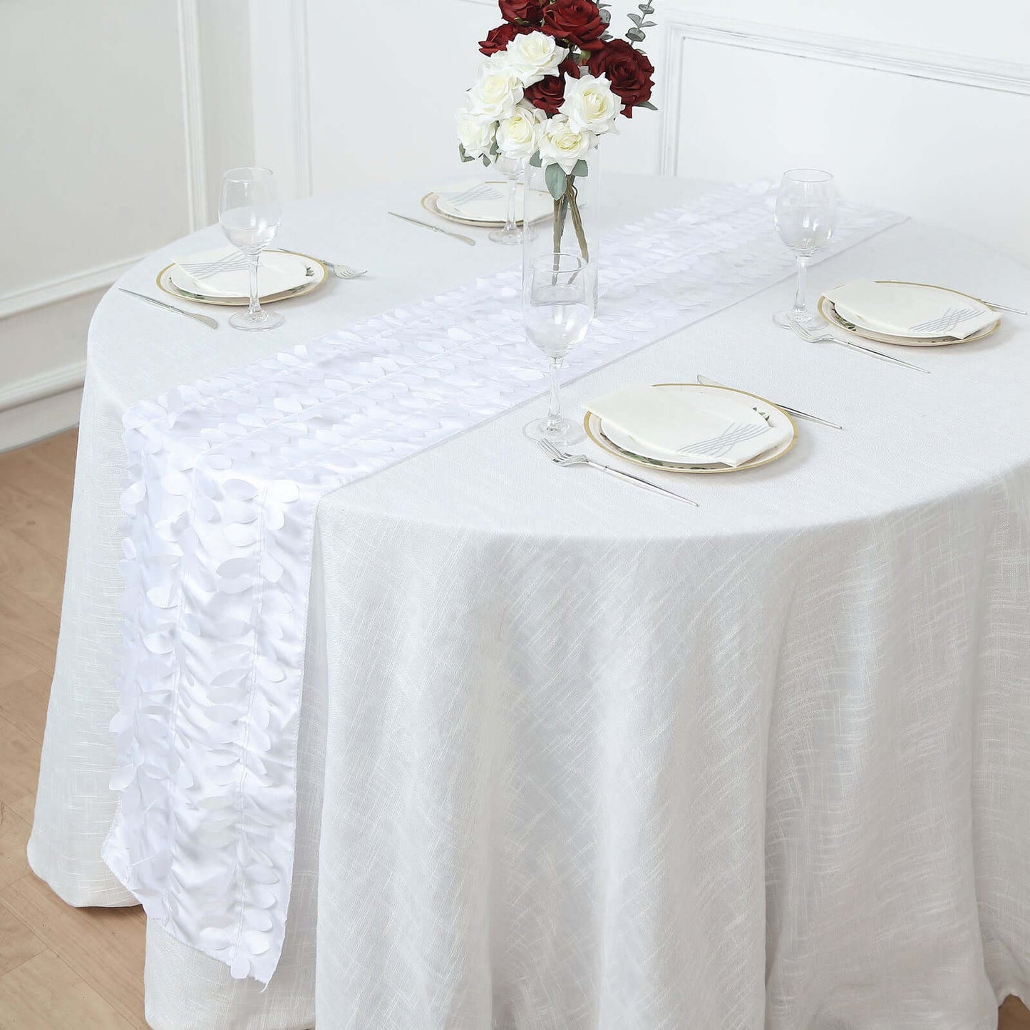 Taffeta Fabric 12"x108" Table Runner White 3D Leaf Petal - Stylish Wedding Decor