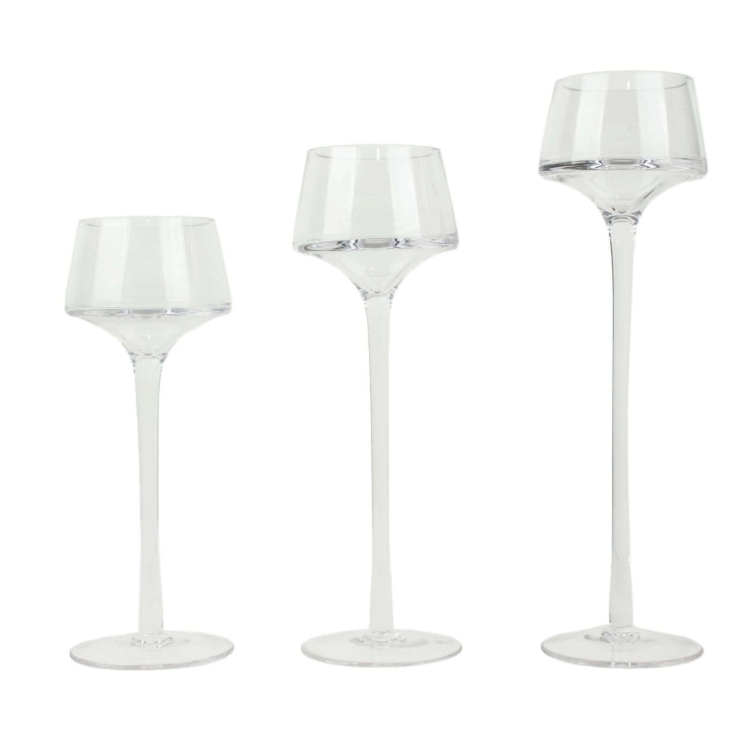 Set of 3 Glass Pedestal Vases Long Stem Clear - Tall Disc Candle Holders for Floral Centerpieces 8", 9", 10"